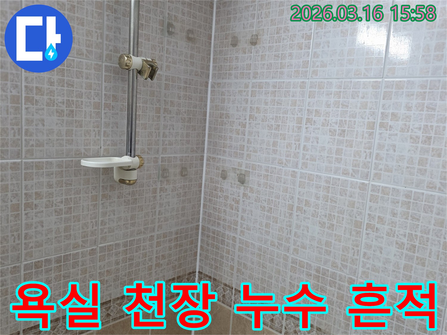 욕실 천장에 물이 새어 타일에 얼룩이 생긴 모습입니다-누수 전문가가 진단한 현장 사진