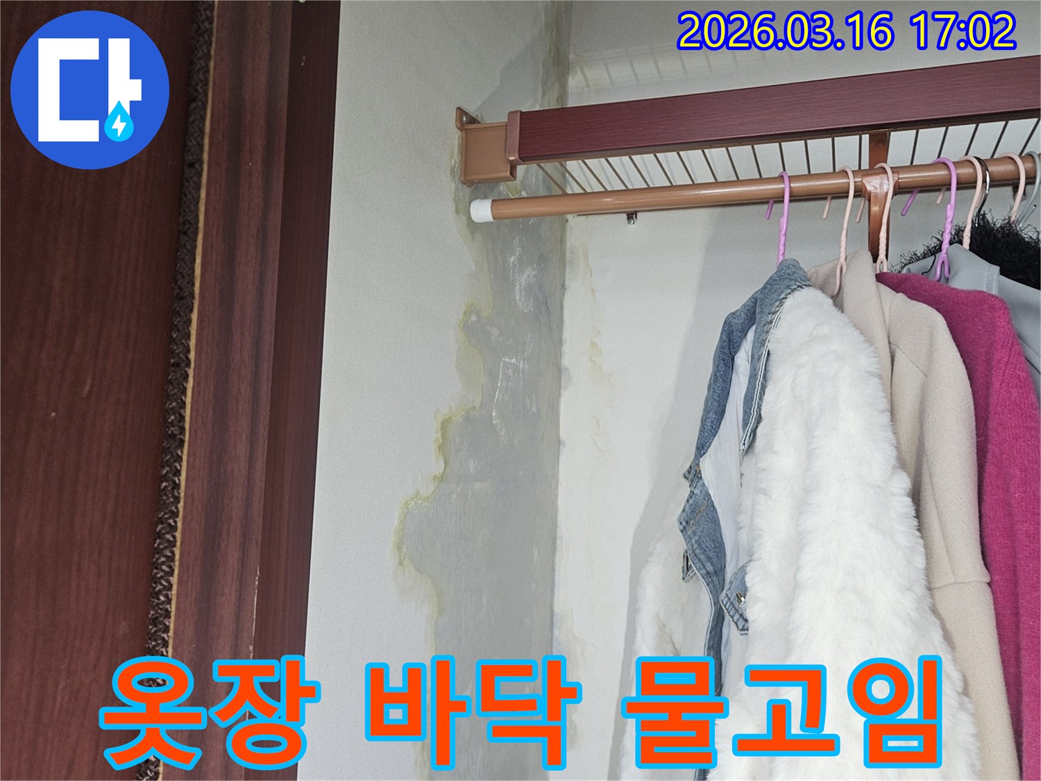 옷장 바닥에 물이 고여 있고-벽면 하단에도 물기가 스며들어 변색된 모습