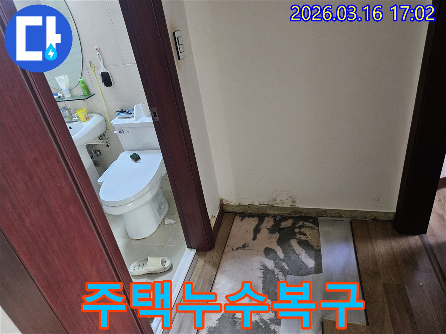 주택 욕실 누수-피해로-바닥과 벽면에-습기와 곰팡이가-번진-상황을-기록한 이미지