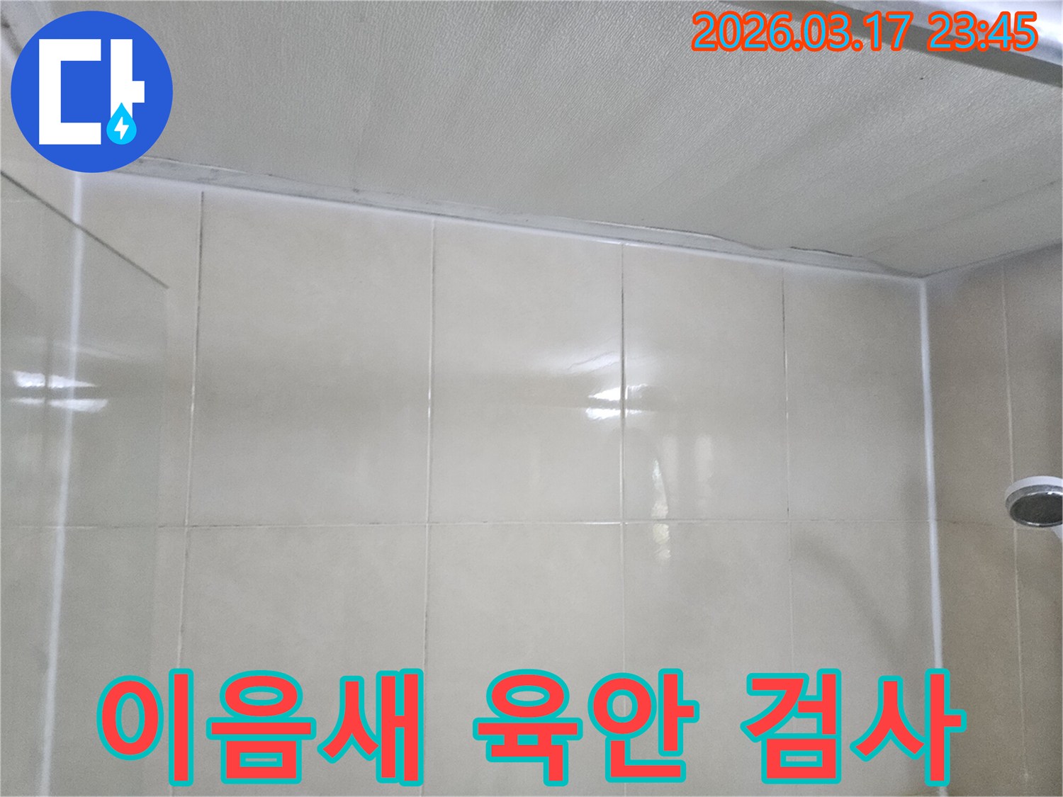 누수-전문가가-천장과-타일-벽면의-이음새-부분을-정밀하게-육안으로-검사하여-누수-흔적을-찾는-모습입니다