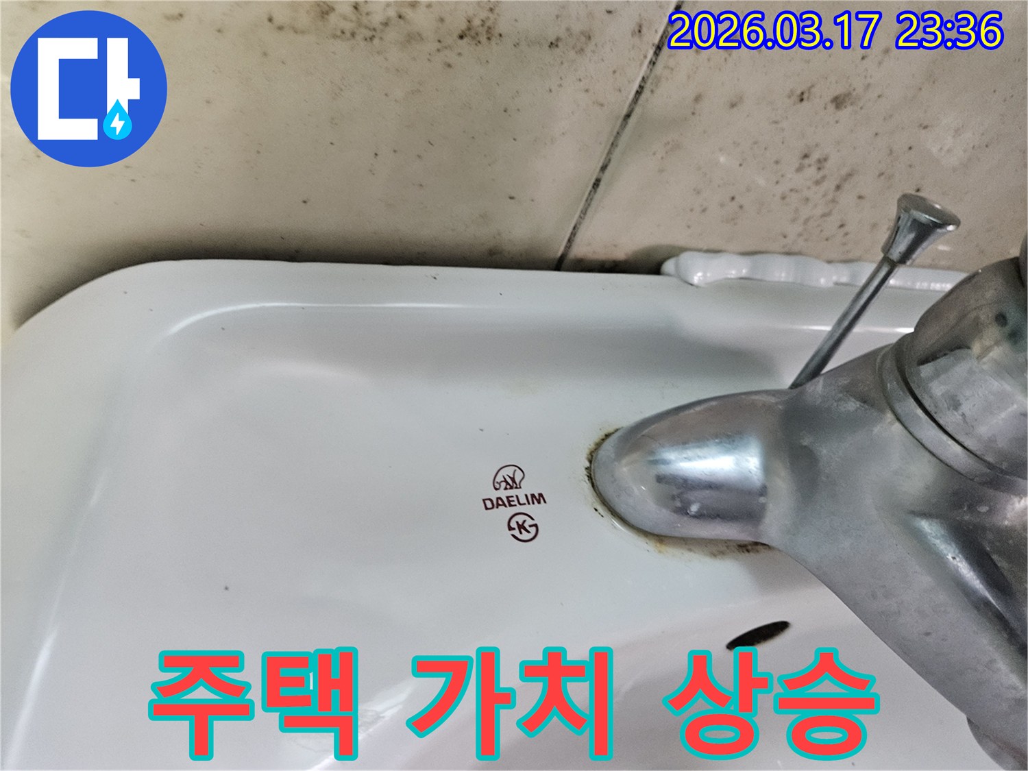 세면대 뒤편 벽의 곰팡이와- 수도꼭지 부식이- 누수 해결을 통한- 주택 가치 상승 효과를- 기대하게 합니다