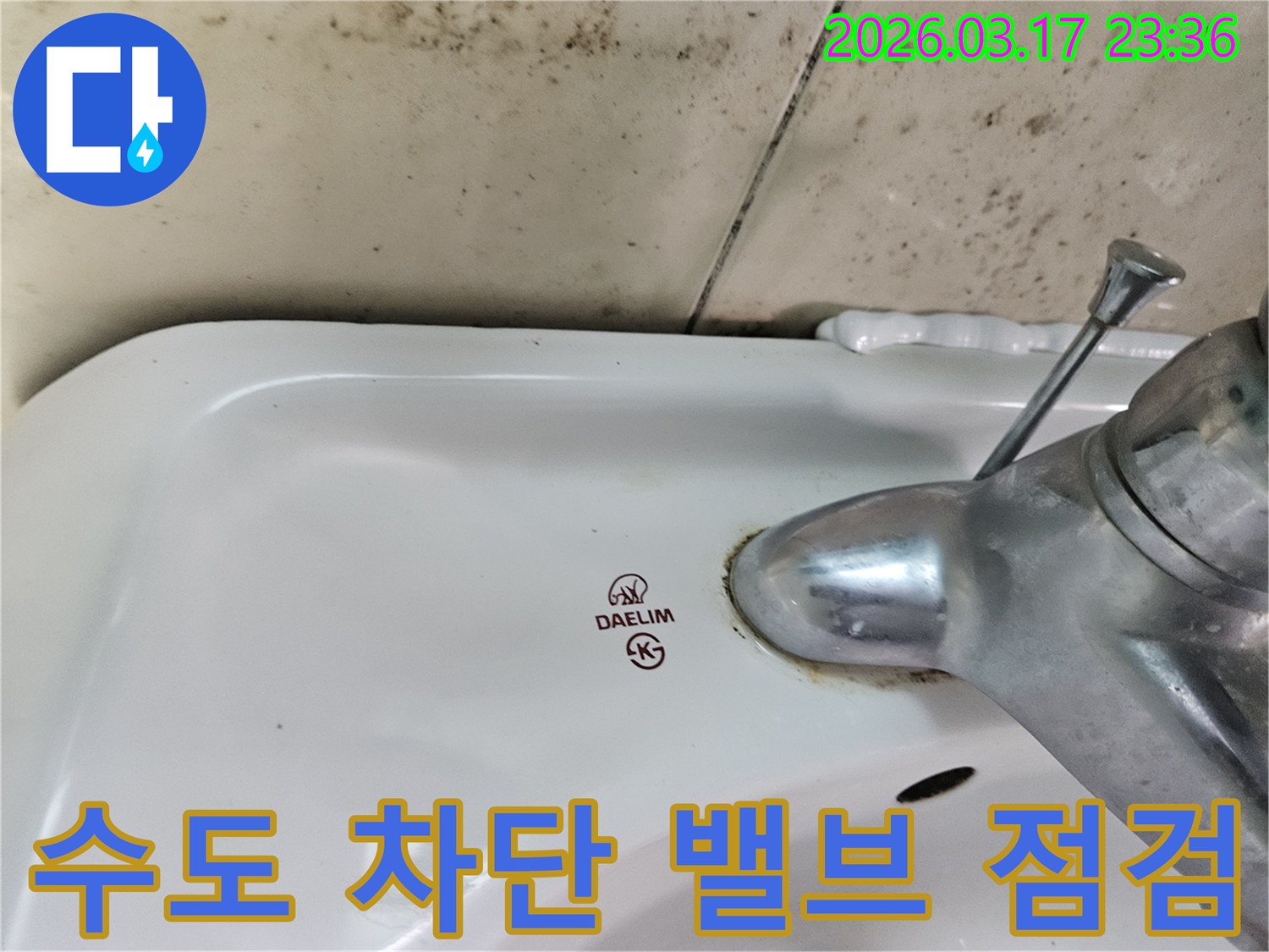 세면대 뒤편 벽의 곰팡이와- 수도꼭지 부식이- 비상시를 위한- 수도 차단 밸브 점검의- 중요성을 강조합니다