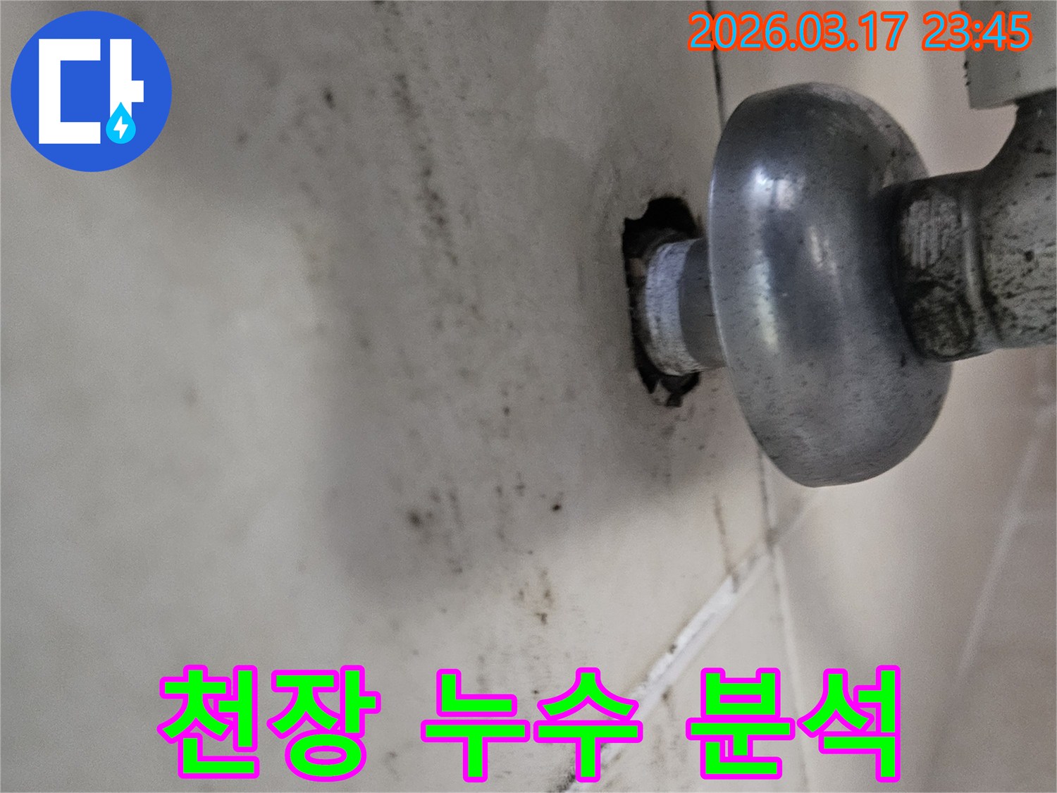 이 사진은 천장 배관 주변의 누수로 인해-곰팡이와 물때가 심하게 생긴 모습을 보여줍니다