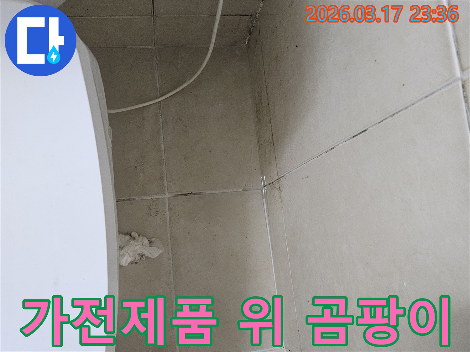 이-이미지는-하얀-가전제품-바로-위쪽-천장과-벽면에-발생한-심각한-곰팡이와-오염을-보여주며-이는-누수로-인한-가전제품-피해-가능성을-시사합니다