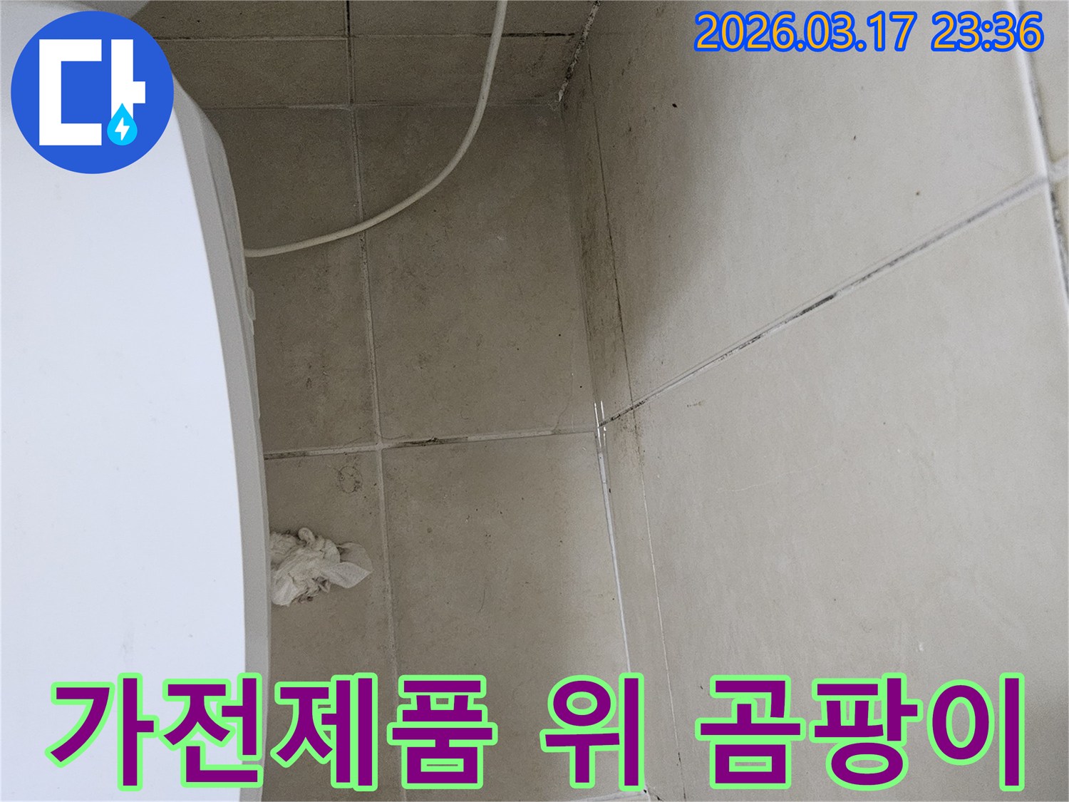 이-이미지는-하얀-가전제품-바로-위쪽-천장과-벽면에-발생한-심각한-곰팡이와-오염을-보여주며-이는-누수로-인한-가전제품-피해-가능성을-시사합니다