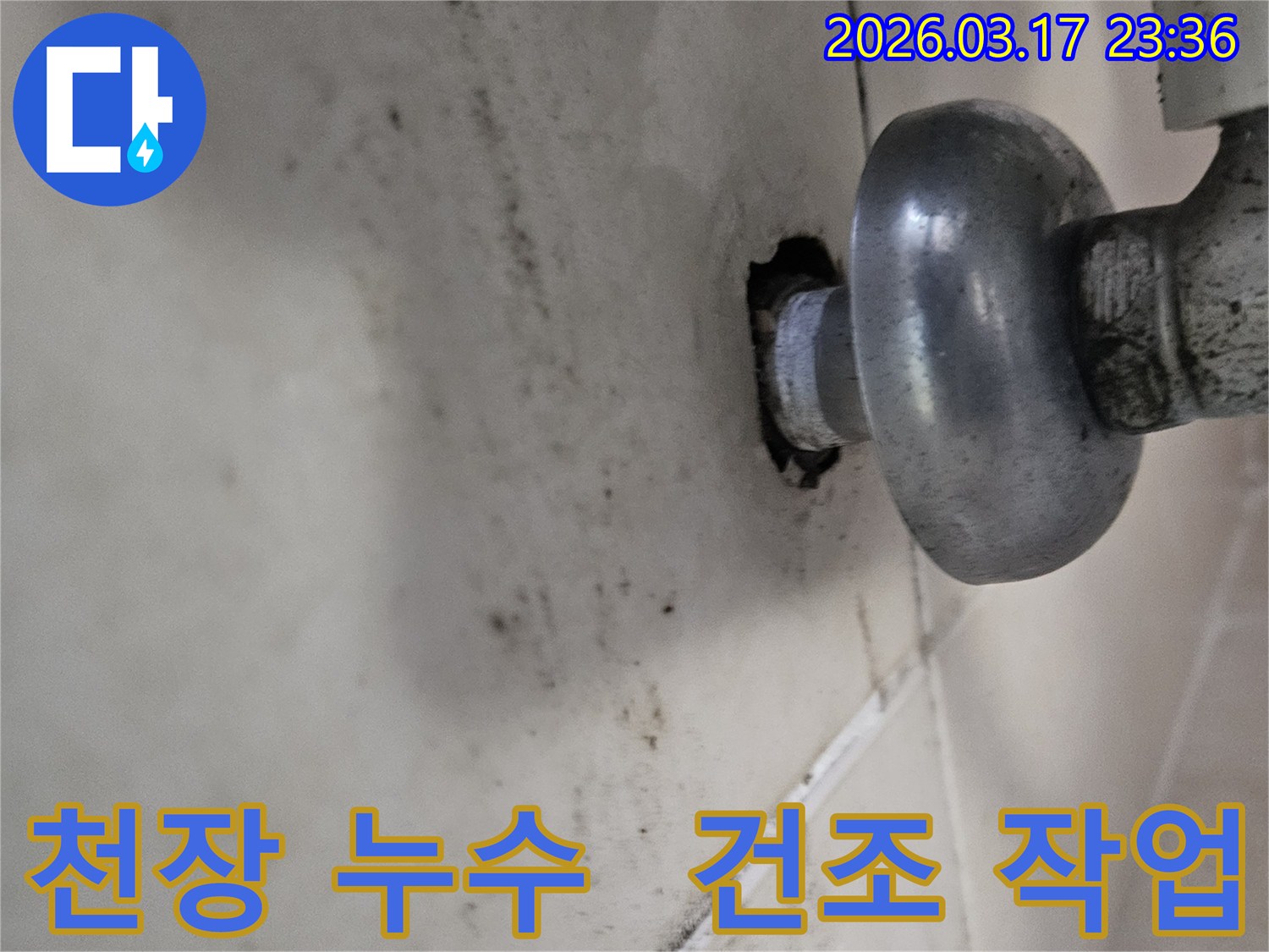 천장-배관에서-발생한-누수로-인해-오염된-벽면과-건조-작업으로-곰팡이-걱정-없는-배관-모습