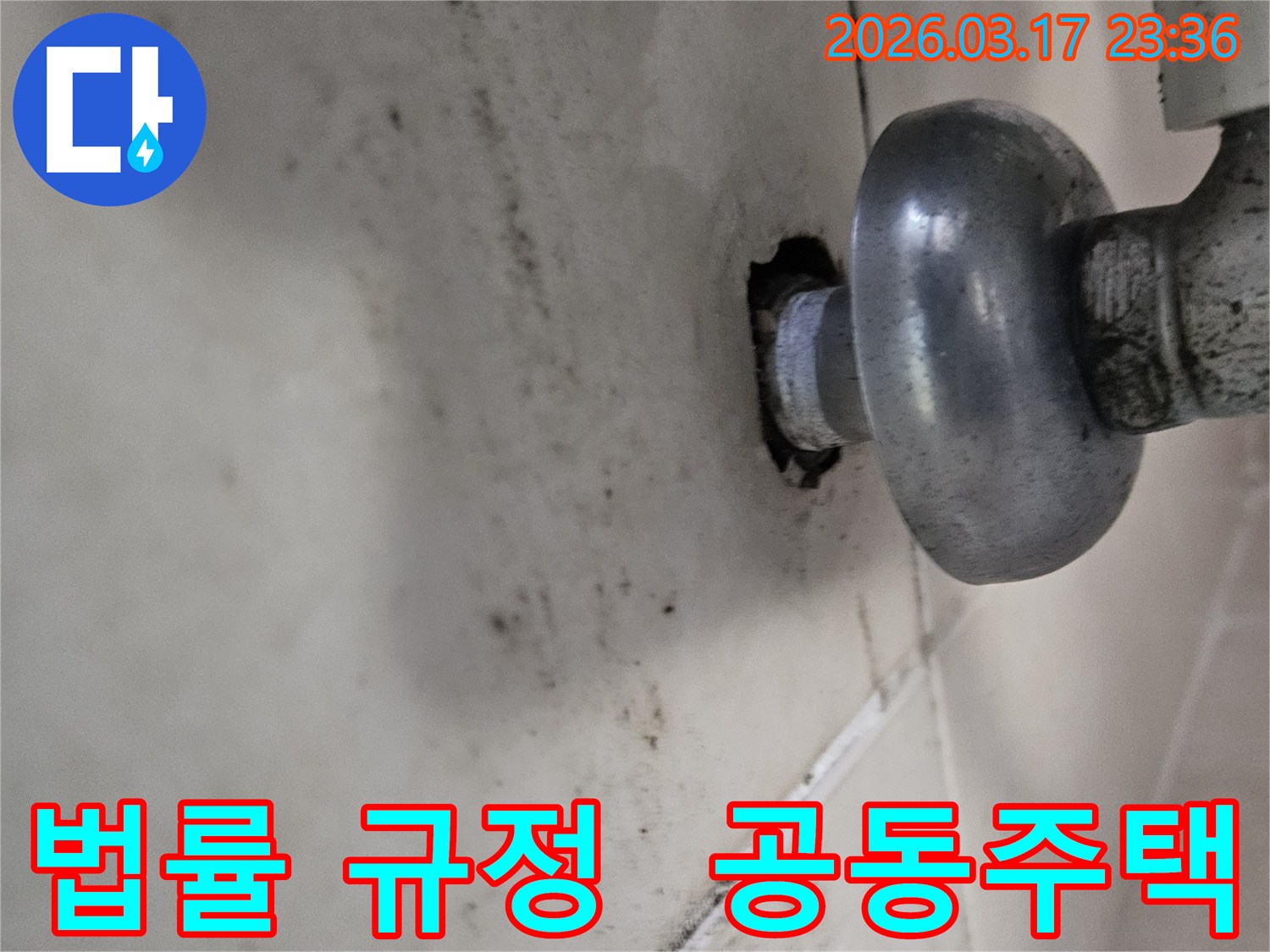 천장-배관에서-발생한-누수로-인해-오염된-벽면과-공동주택-누수-관련-법률-및-규정을-안내하는-모습