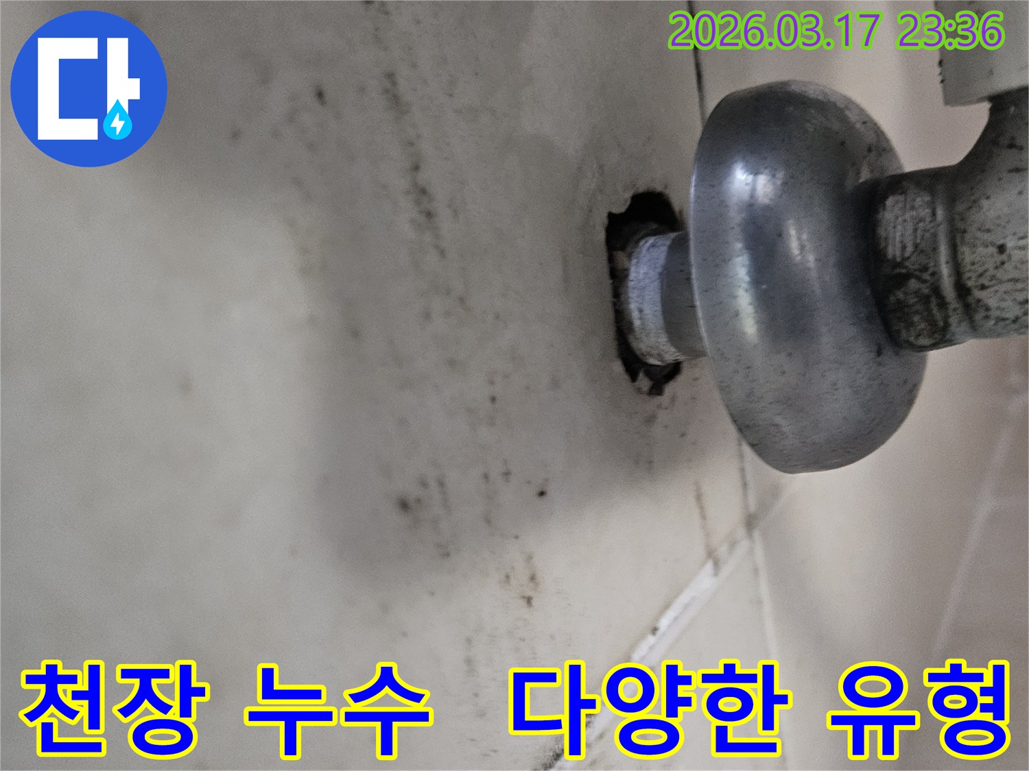 천장-배관에서-발생한-누수로-인해-오염된-벽면과-다양한-누수-유형-해결이-필요한-배관-모습