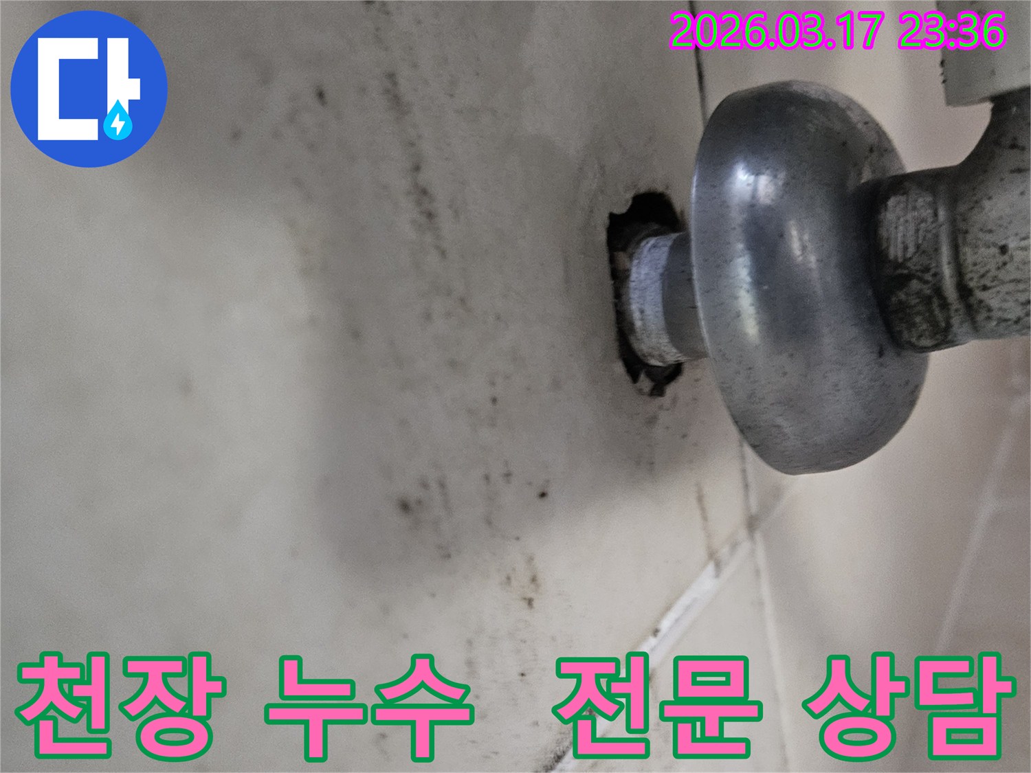 천장-배관에서-발생한-누수로-인해-오염된-벽면과-전문적인-상담이-필요한-배관-모습