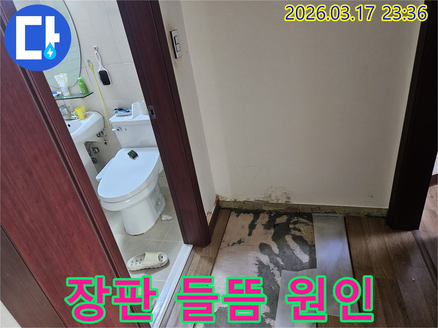 화성 병점 아파트-화장실 입구의-누수로 인해-장판이 들뜨고-바닥재가 손상된-현장 사진입니다