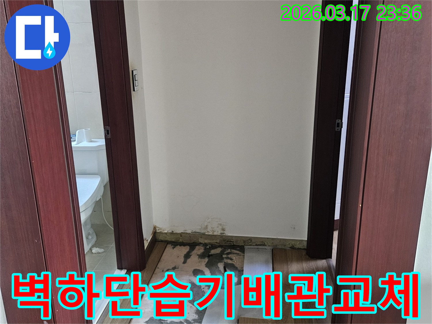 화성시 병점동 욕실 누수 현장에서-벽체 하단부 습기의 원인을 찾기 위해-배관을 정밀 진단하고 교체하는-공사 진행 모습입니다.