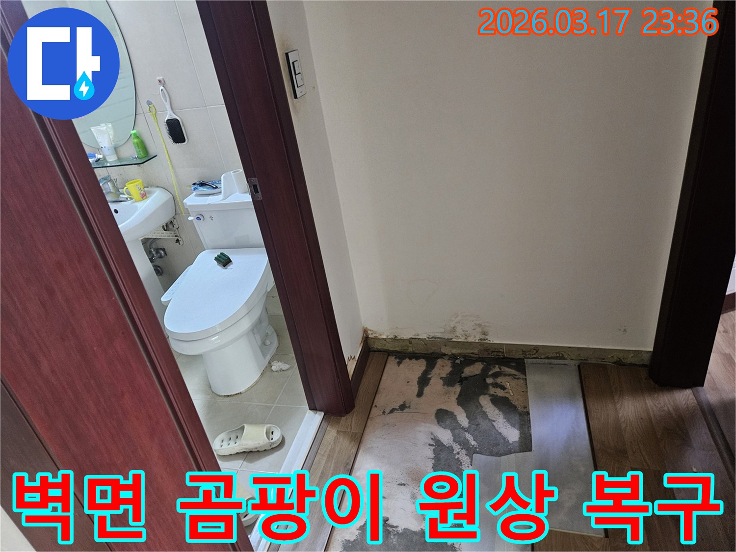 화장실 입구 벽면 하단에-누수로 인한-심각한 곰팡이가 발생하여-바닥재가 제거된-현장 사진입니다
