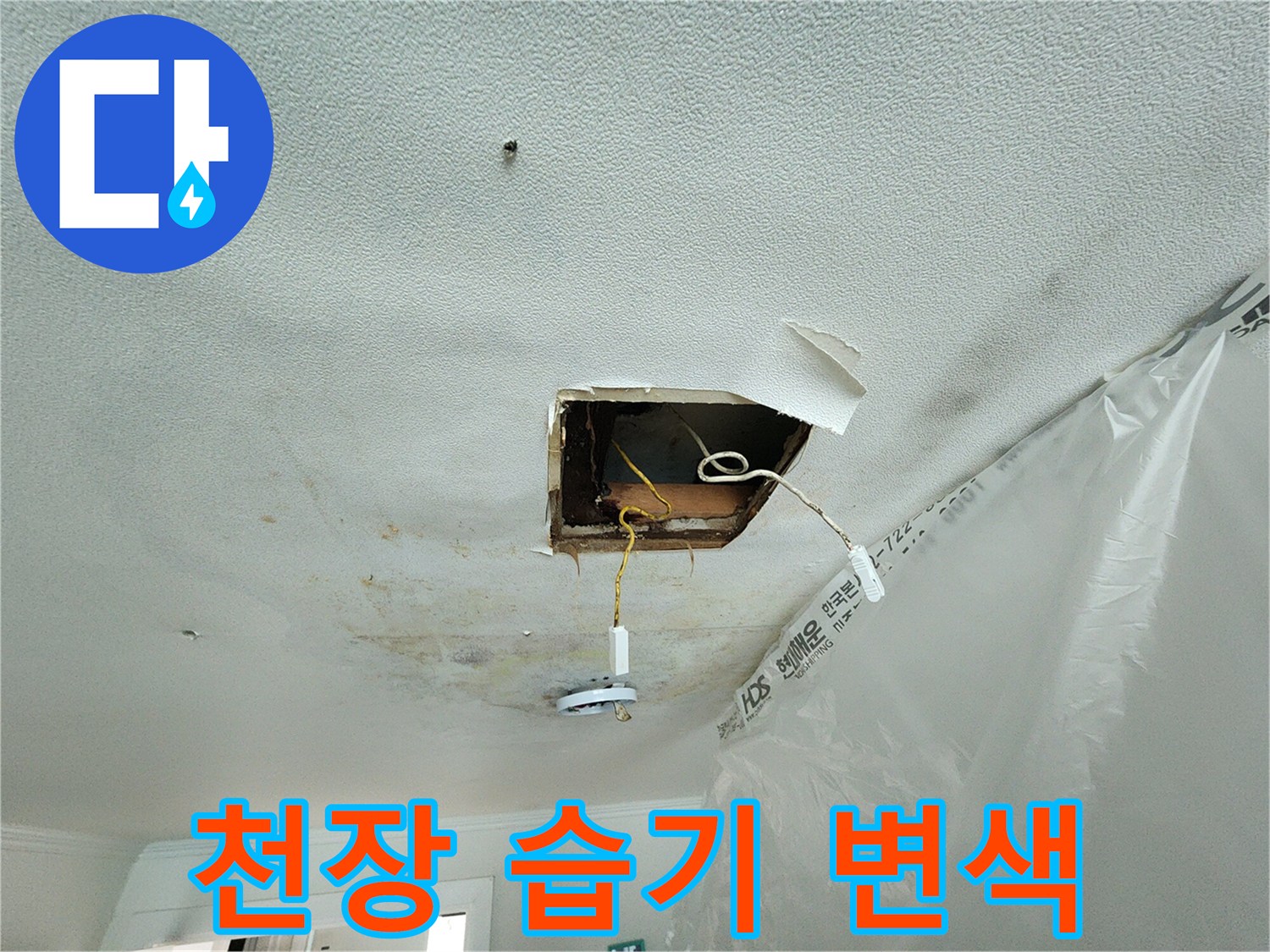 누수로 인해 변색된 천장 석고보드 및 내부 전선