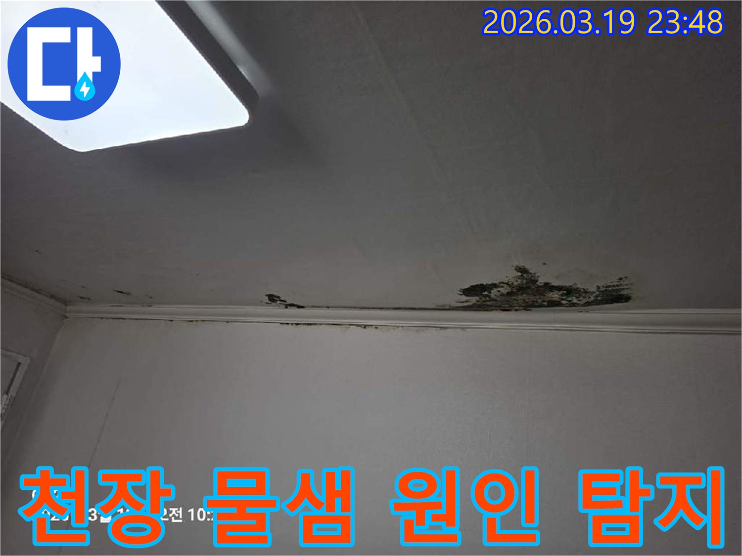 천장-모서리-부분에-물이-새어-들어-벽지가-젖고-손상된-모습을-보여주는-사진