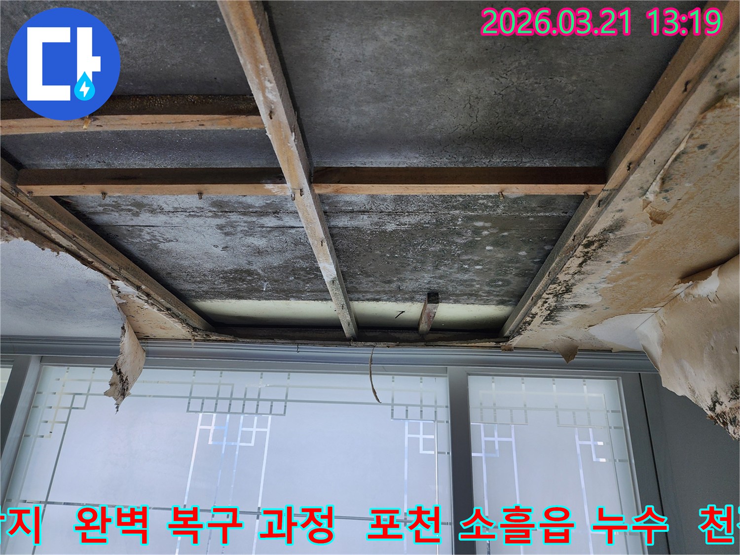 천장-누수-탐지를-위해-마감재를-제거한-모습으로-콘크리트-천장과-목재-구조물에-누수로-인한-물자국과-곰팡이가-확인됩니다.