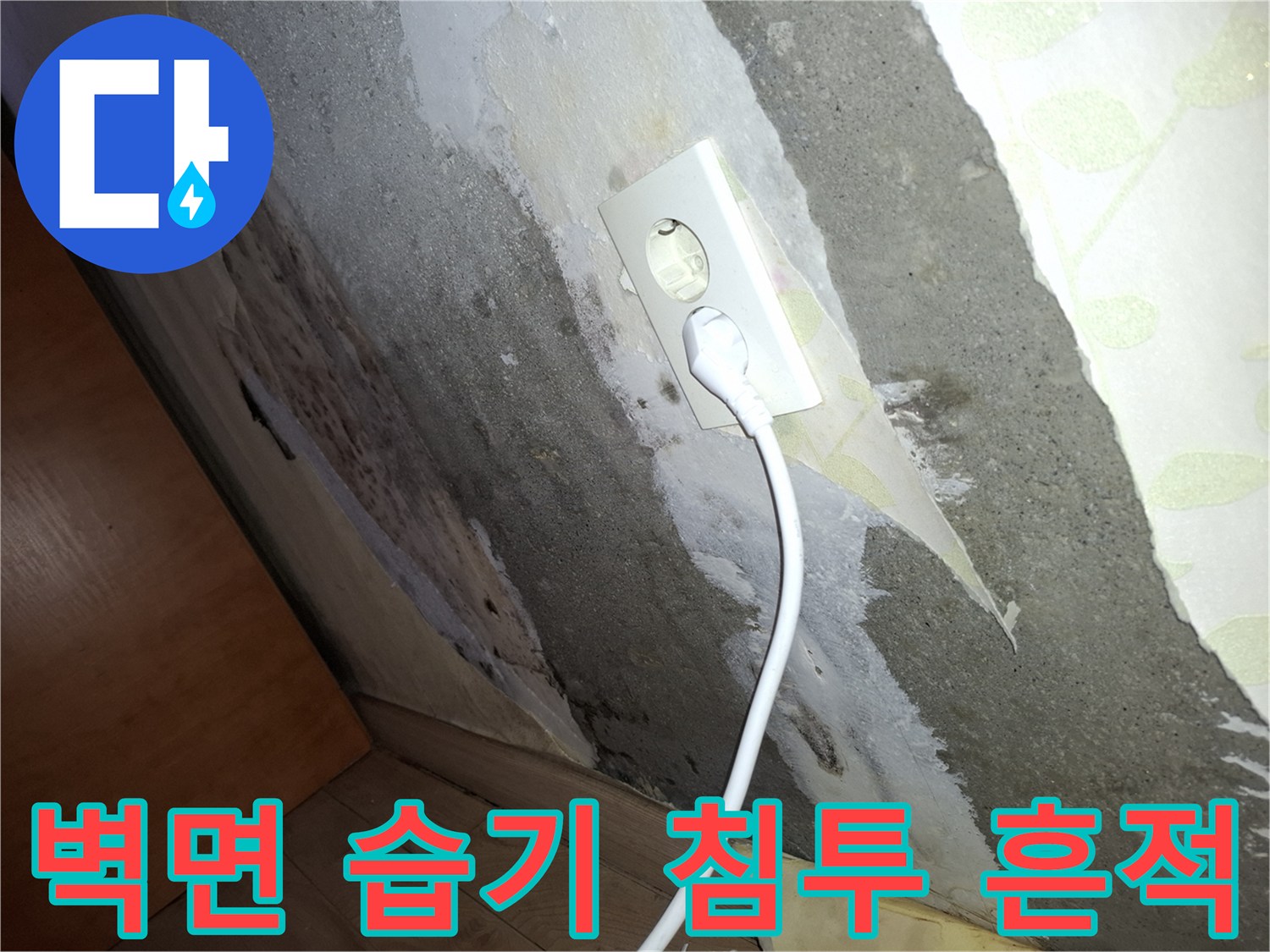 물기에 젖어 얼룩진 콘크리트와 전기 플러그 연결 상태