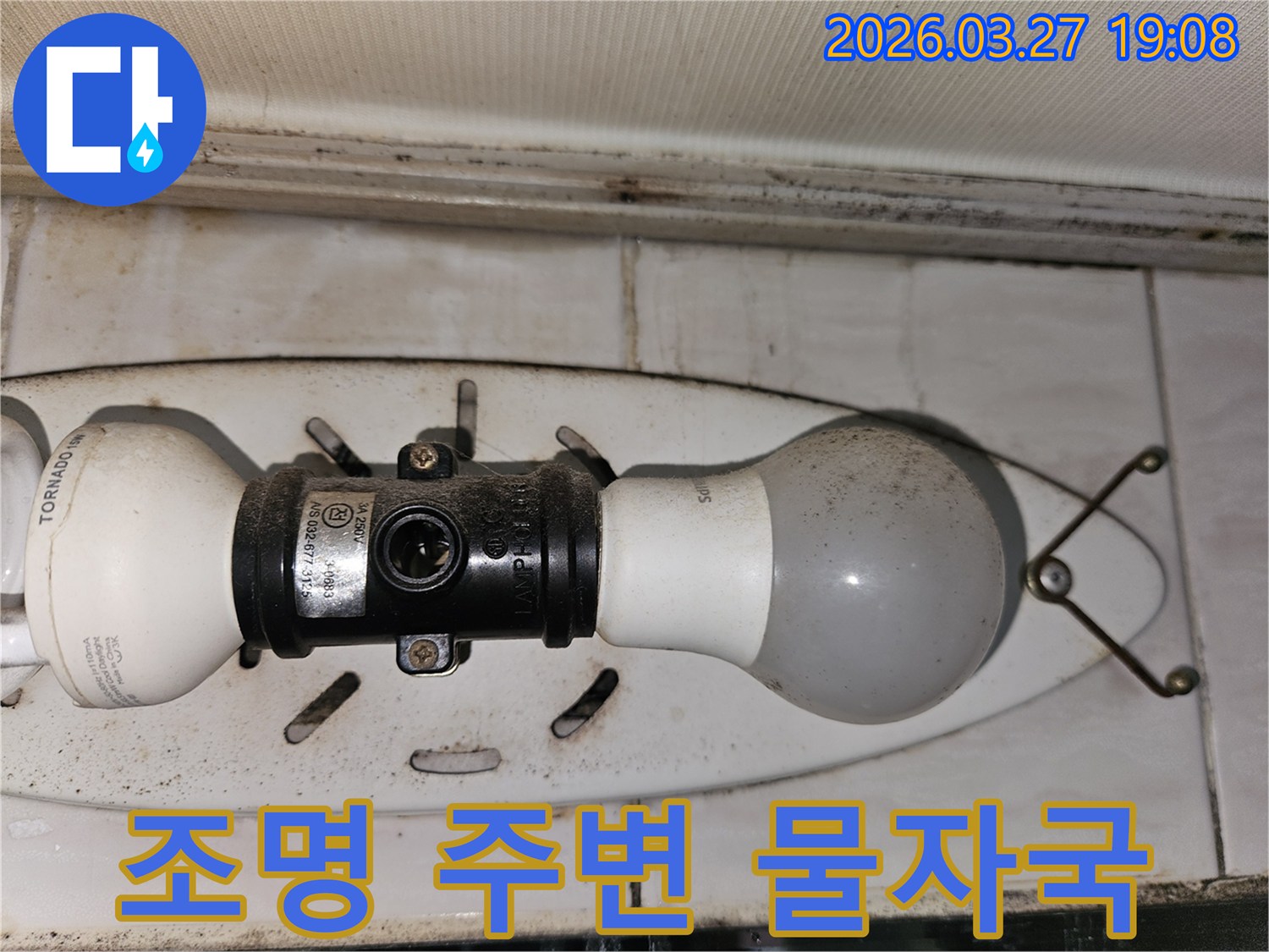 천장-조명-주변에-발생한-심각한-물자국과-곰팡이-얼룩을-보여주는-현장-사진입니다
