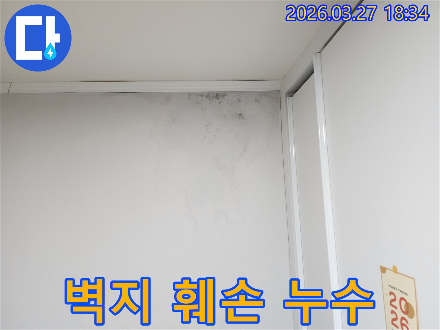 누수로-인해-벽지가-심하게-훼손되고-곰팡이가-번진-벽면-모습을-담은-사진입니다