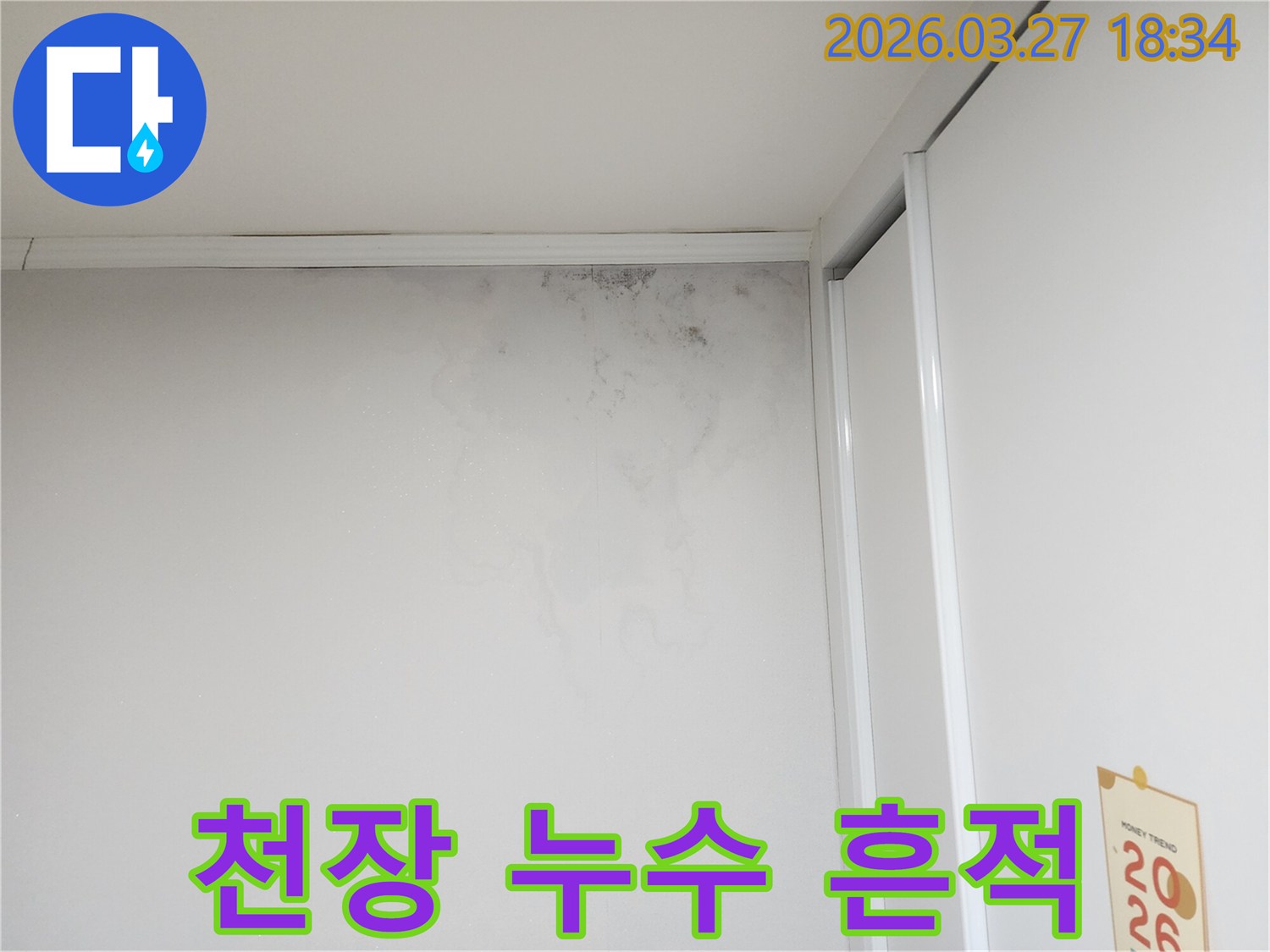 천장-가까운-벽면에-나타난-물샘-자국과-곰팡이-피해-현장-사진입니다