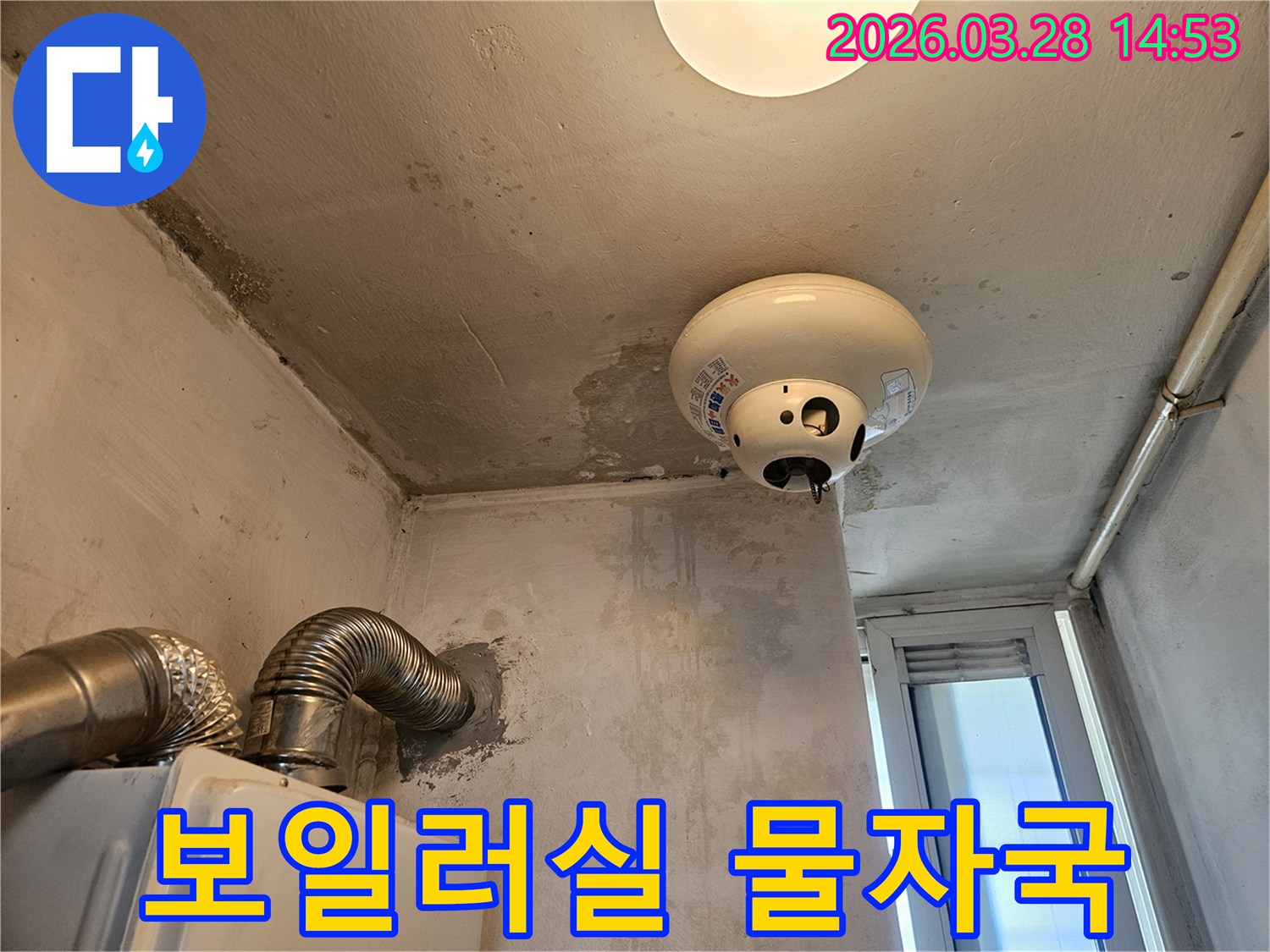 보일러실 천장에서 발견된 심각한 누수 흔적과 물에 젖은 벽면을 보여주는 사진입니다.