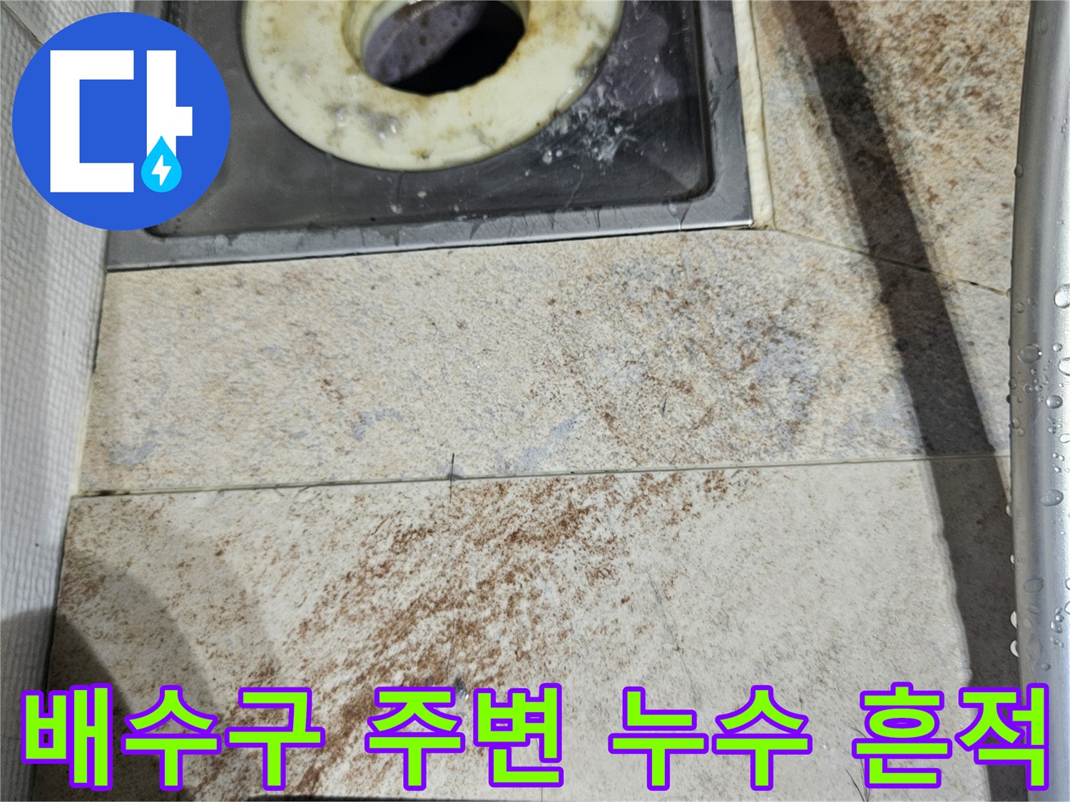 습기로 인해 변색된 배수구 마감재와 이물질이 낀 유가 덮개
