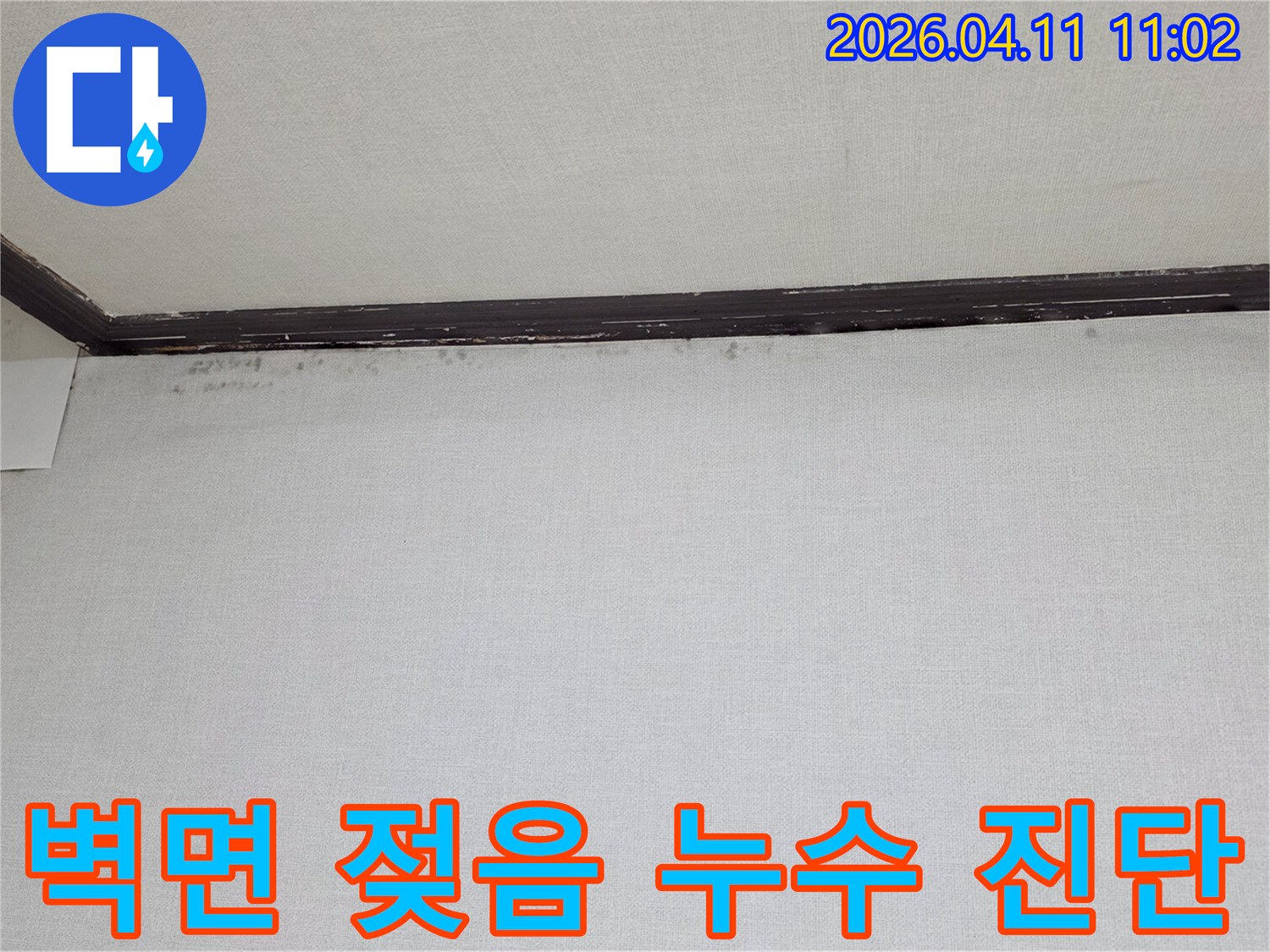천장과-벽면-경계에-나타난-물자국과-곰팡이-흔적을-보여주는-벽면-젖음-누수-현장-사진입니다