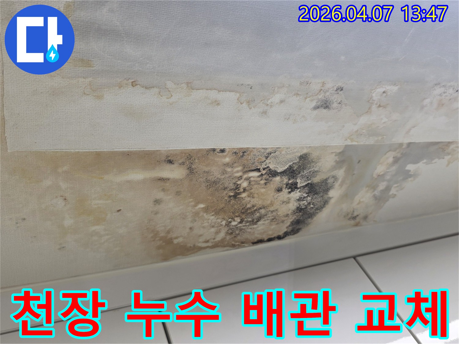 이 이미지는 아파트 천장에 발생한-누수로 인해 배관 교체와-곰팡이 제거가 필요한 상황을 보여줍니다