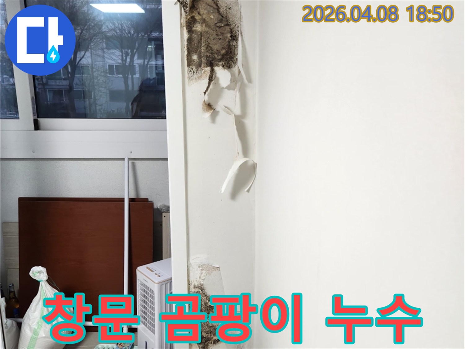 창문-주변-벽면에-발생한-심각한-누수-피해와-벽지-들뜸-그리고-광범위한-곰팡이-오염을-보여주는-사진입니다