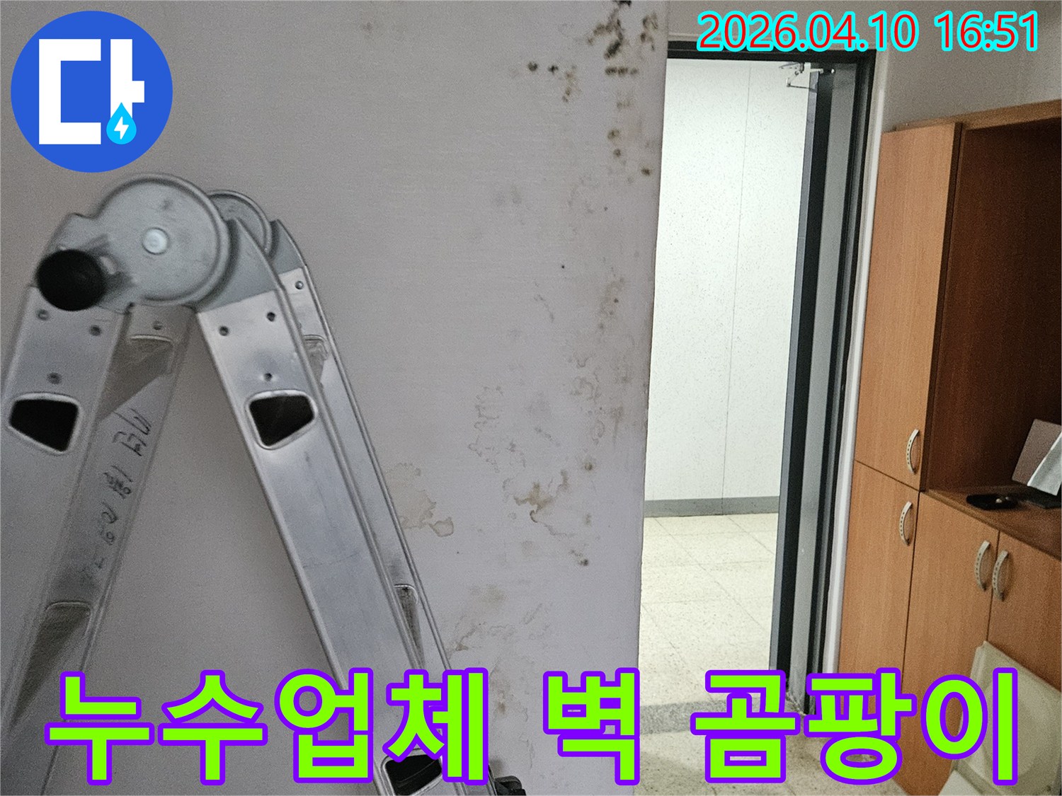포천시 일동면의 건물 내부 벽에서 누수로 인해 발생한 곰팡이와 물자국입니다-누수 전문 업체의 현장 방문 진단 모습입니다.