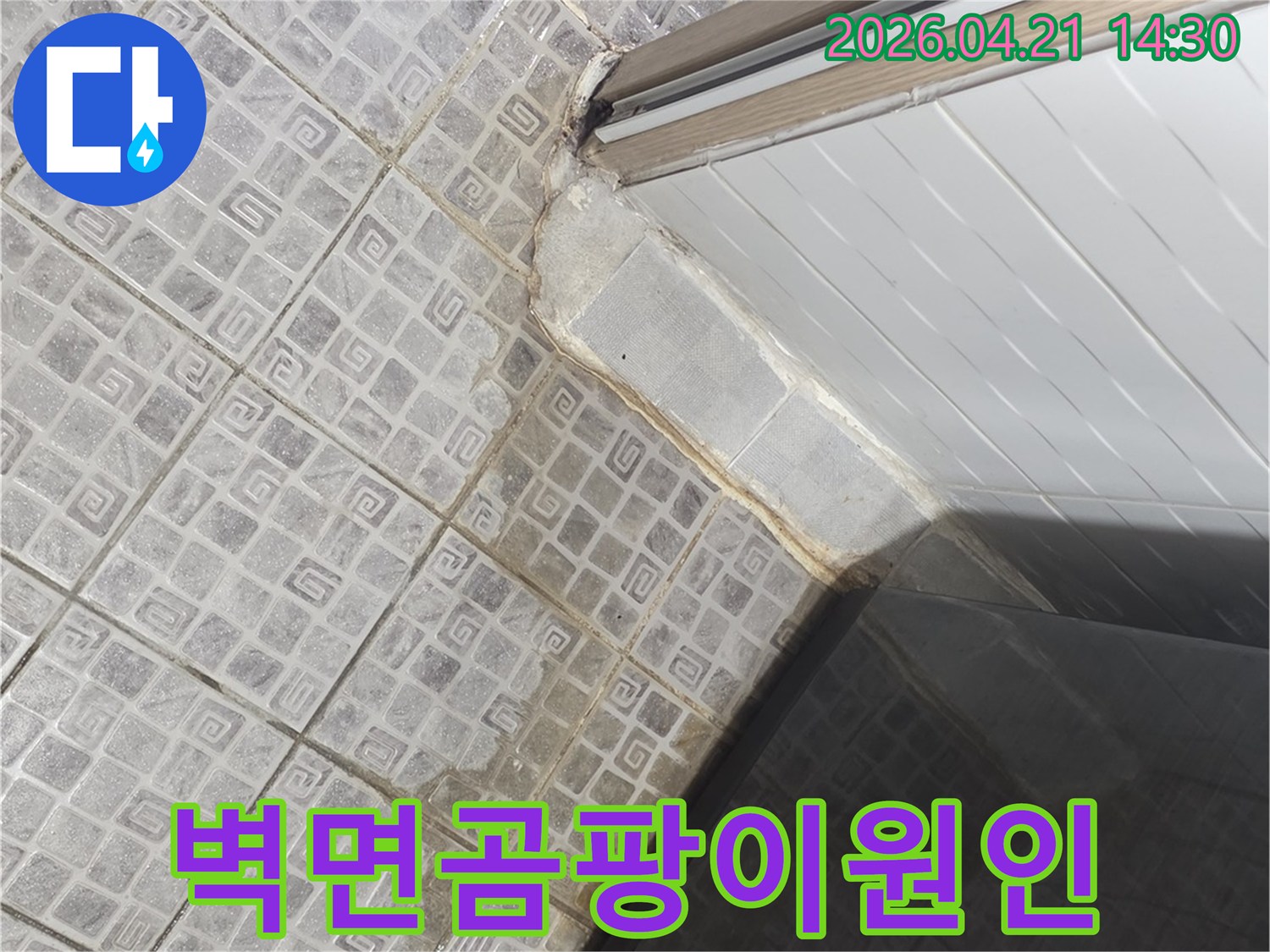 욕실-샤워부스-하단-벽면-경계에-물이-스며들어-곰팡이가-생길-수-있는-현장입니다