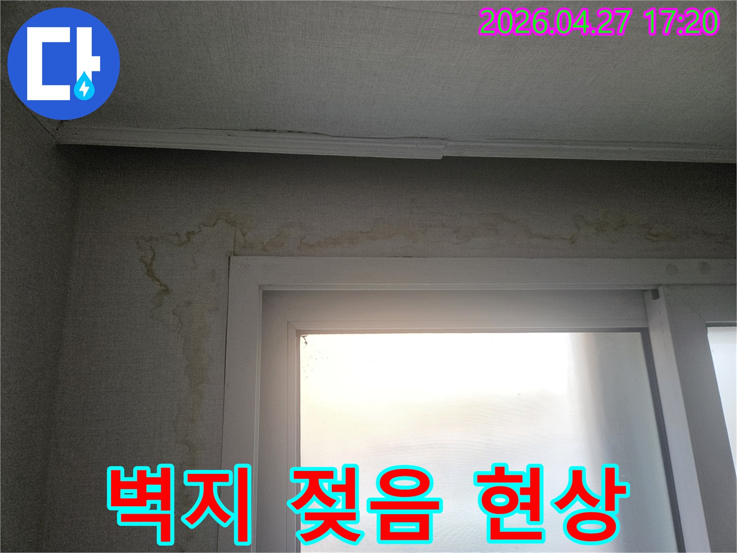 창문 옆 벽지가 물에 젖어-얼룩지고 변색된 모습이 보이는-누수 피해 현장 사진입니다.