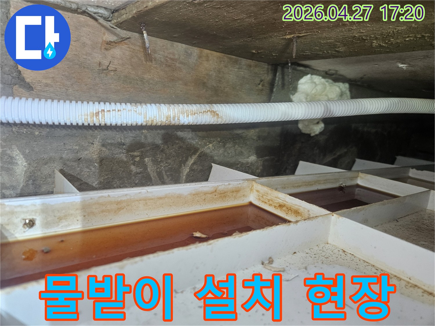 천장에서 떨어지는 물을-임시로 받기 위해-물받이가 설치된 현장