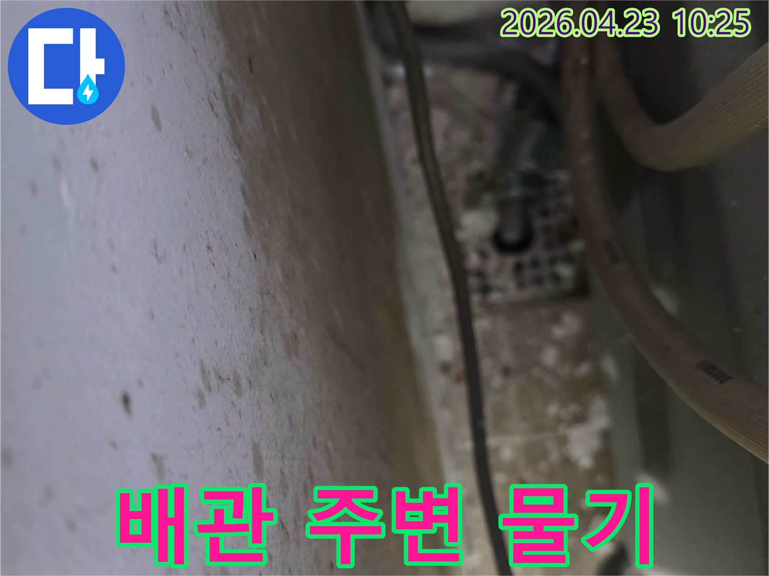 누수-탐지-현장에서-배관-주변에-남아있는-물기와-오염-상태를-정밀하게-확인하는-모습