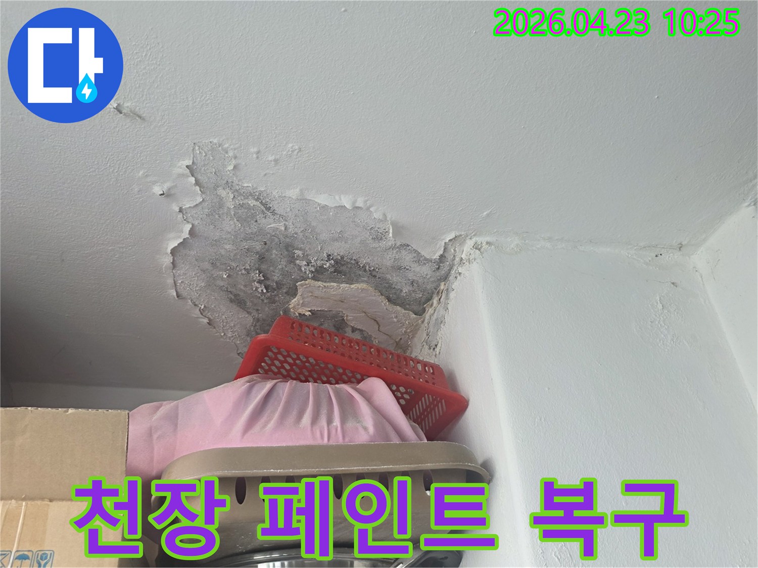 천장에서 물이 새어-페인트가 벗겨지고-벽지가 손상된 모습-복구 전