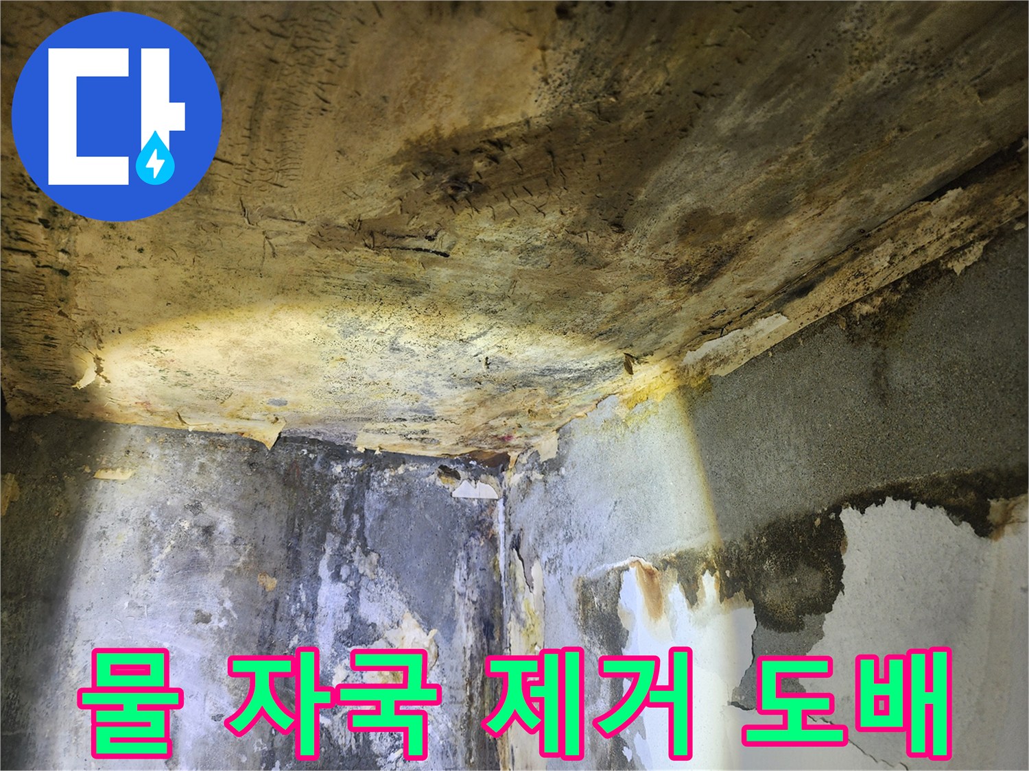누수로 인해-천장과 벽에 생긴-심각한 물 자국을-제거하고 도배하는 현장