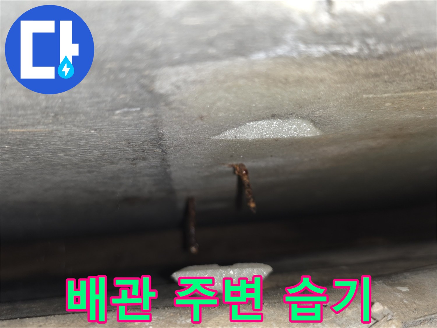 천장 배관 부위-습기로 인해 젖어있는 마감재 상태