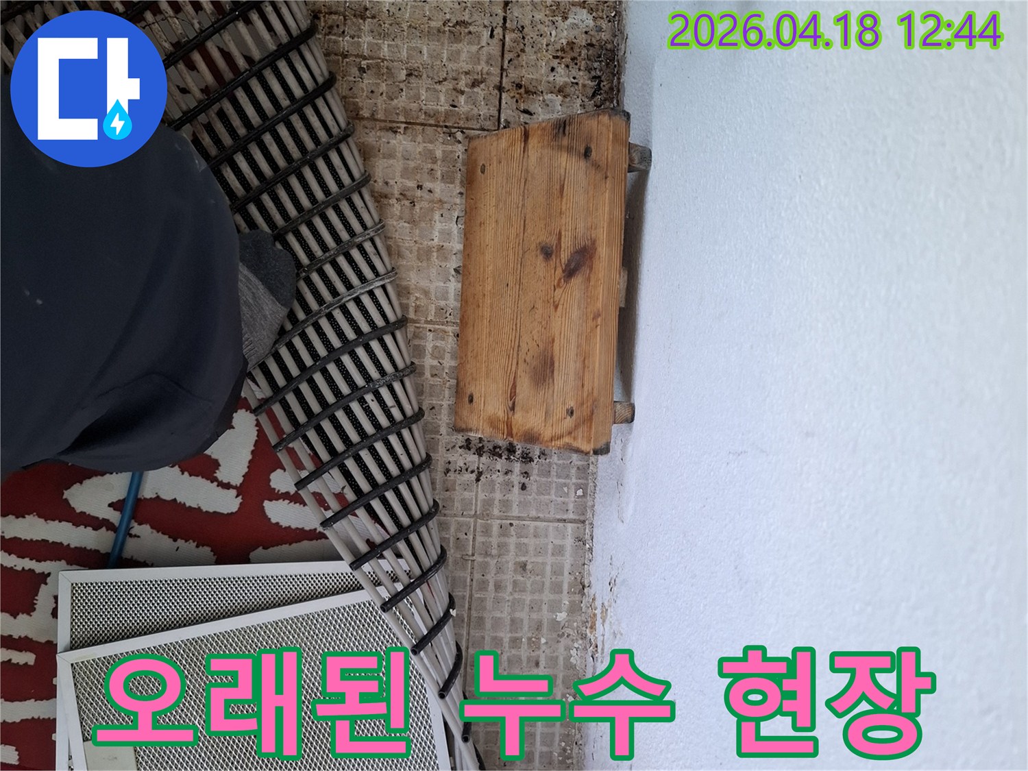 남양주-평내동-오래된-아파트에서-발생한-누수로-인해-바닥-타일이-손상되고-곰팡이와-악취가-발생한-현장을-촬영한-이미지입니다.