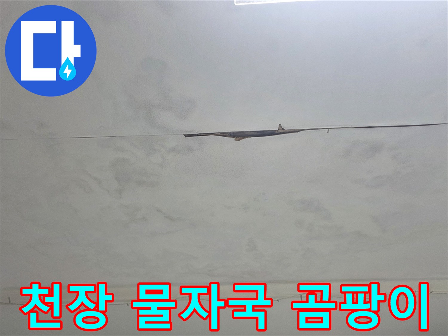 천장에 보이는 물자국과 잠재적 곰팡이 발생 위험-누수 수리의 시급성을 나타냅니다.