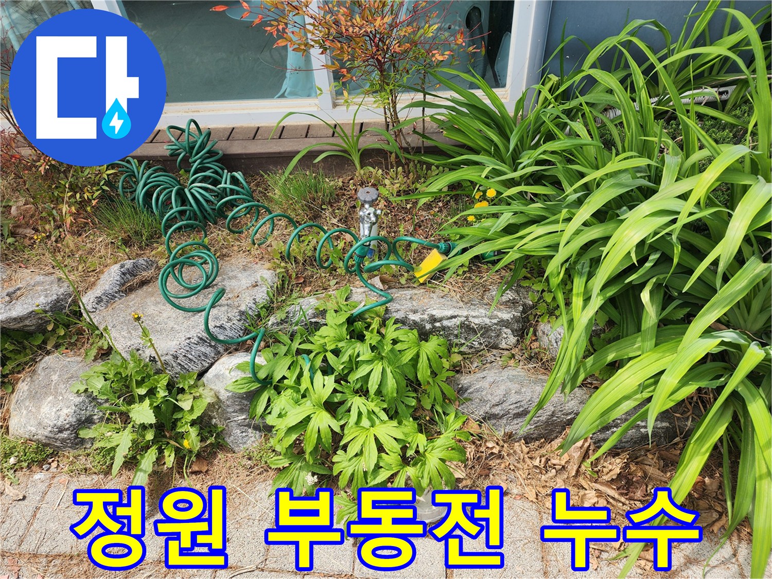 정원에 설치된 부동전과-연결된 호스 주변에서-누수 여부를-점검하는 전문 엔지니어의-모습을 보여줍니다