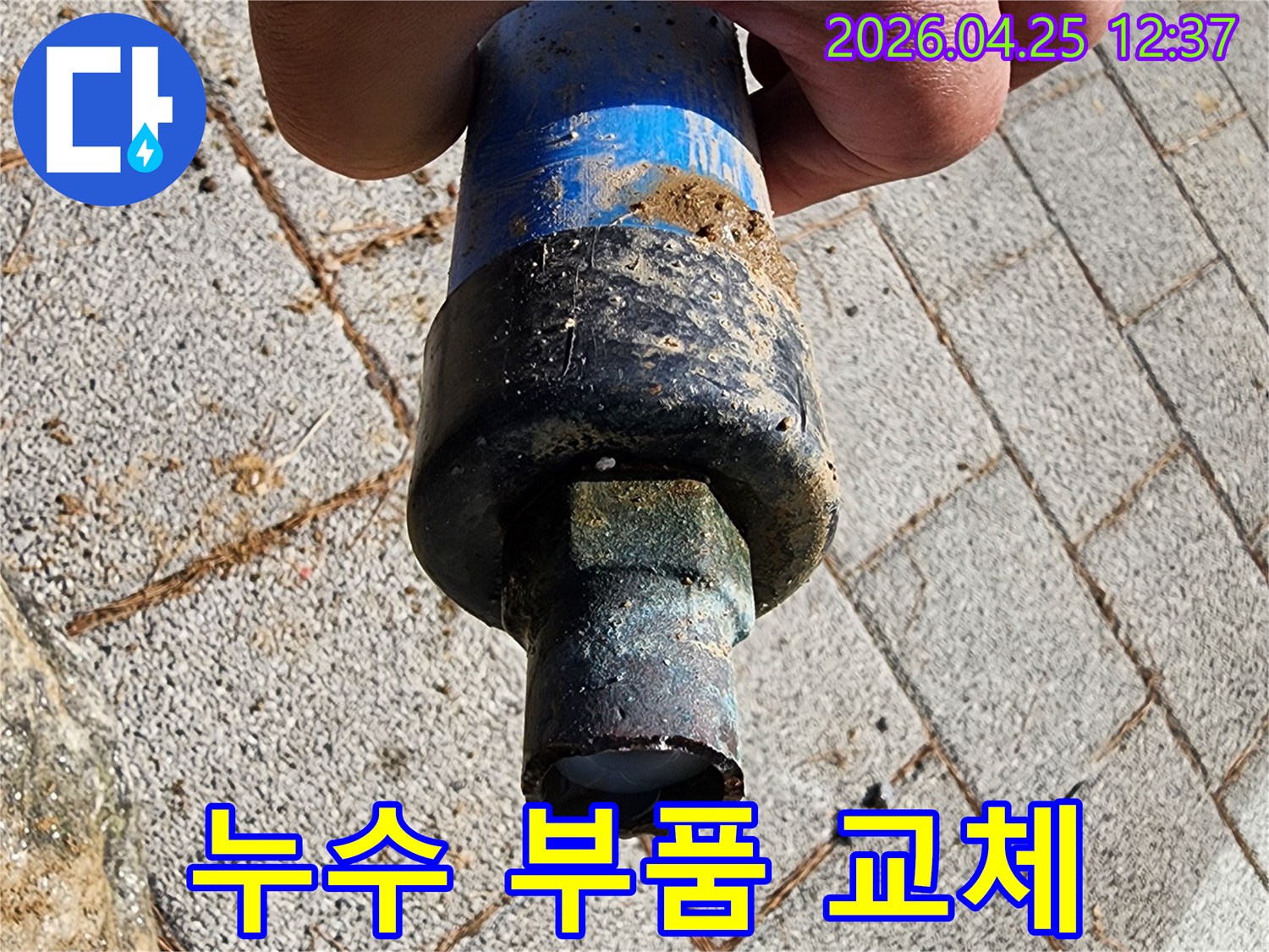 손에 들린 흙 묻은 파란색-검은색 수도관 부속으로-누수 공사 현장을 보여주는 사진입니다.