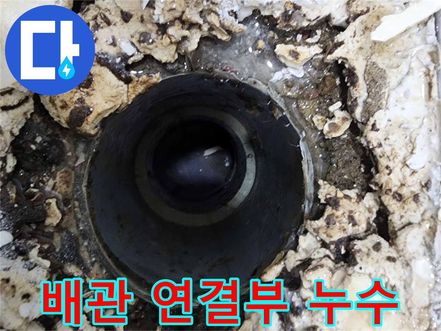 욕실 바닥 배관 연결부 주변에서-발견된 물기와 손상된 흔적으로-누수 의심 현장을 점검하는 모습