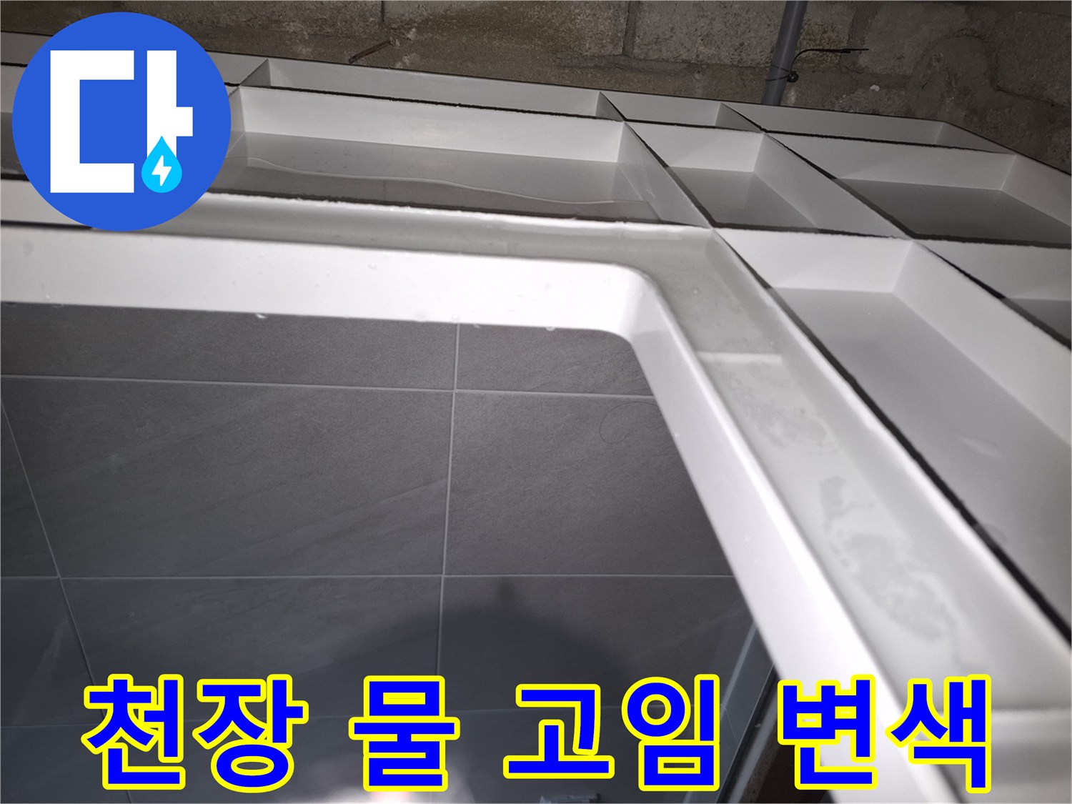 분당 아파트에서 발생한-아랫집 천장 누수로-물이 고여있는 상황을-전문가가 확인하며-천장재 변색을 설명하는 모습