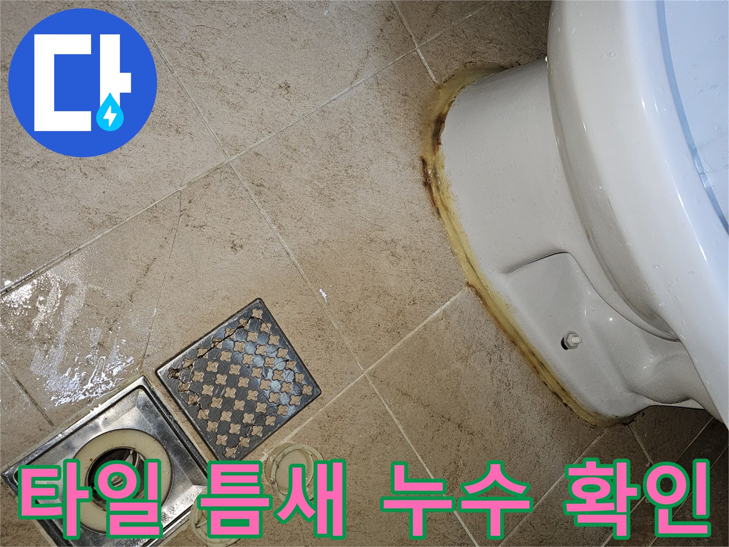 변기 하단부와 타일 틈새로 스며든 물기-배수구 덮개를 분리한 후 내부 상태 점검-누수로 인한 바닥 오염과 변색 흔적