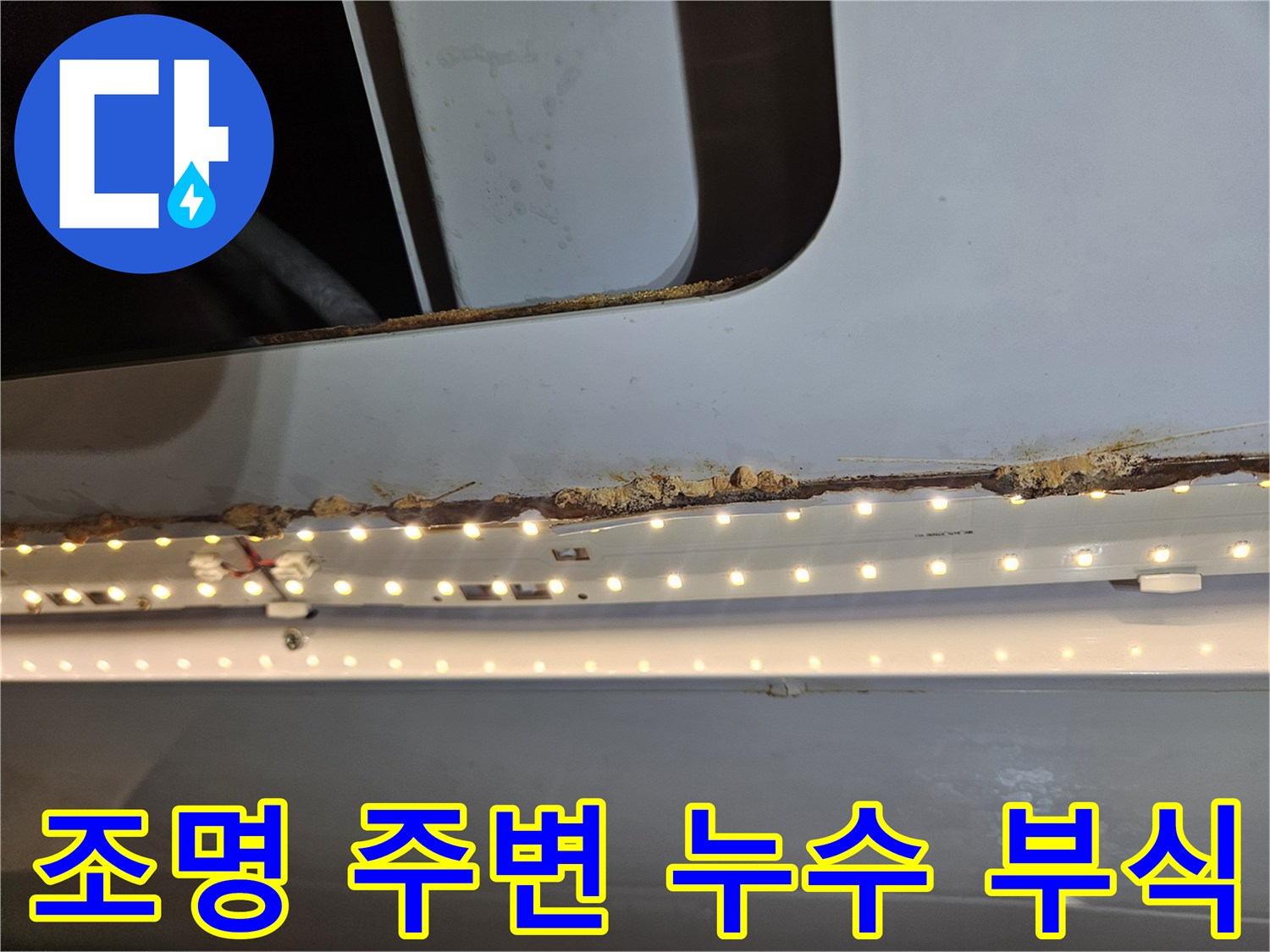 천장 조명 주변-목재가 누수로 인해-부식된 상태를-보여주는 사진입니다