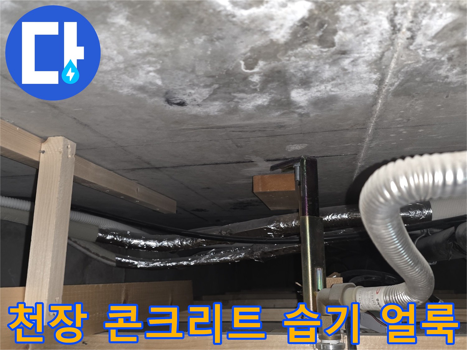 안양 비산동 현장-콘크리트 슬래브 내부의 젖은 흔적과 배관 상태