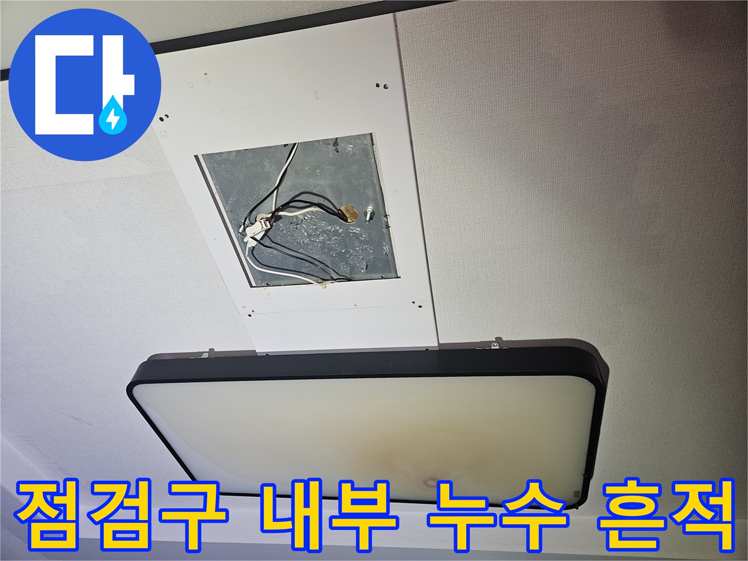 천장 조명 탈거 부위-습기에 노출된 전선과 내부 마감재