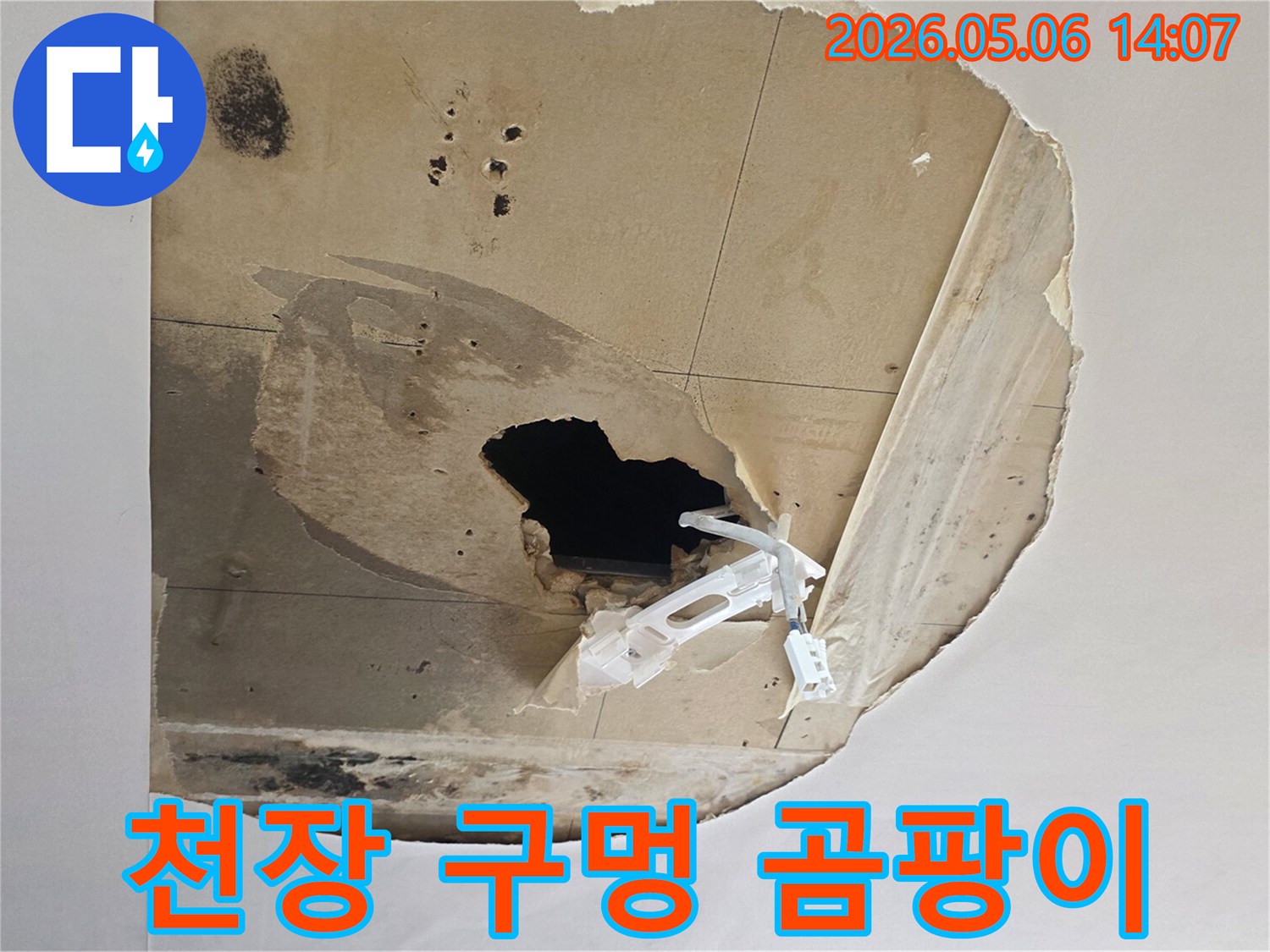 천장에-커다란-구멍이-뚫리고-주변으로-심한-물자국과-검은-곰팡이가-퍼져있는-누수-현장