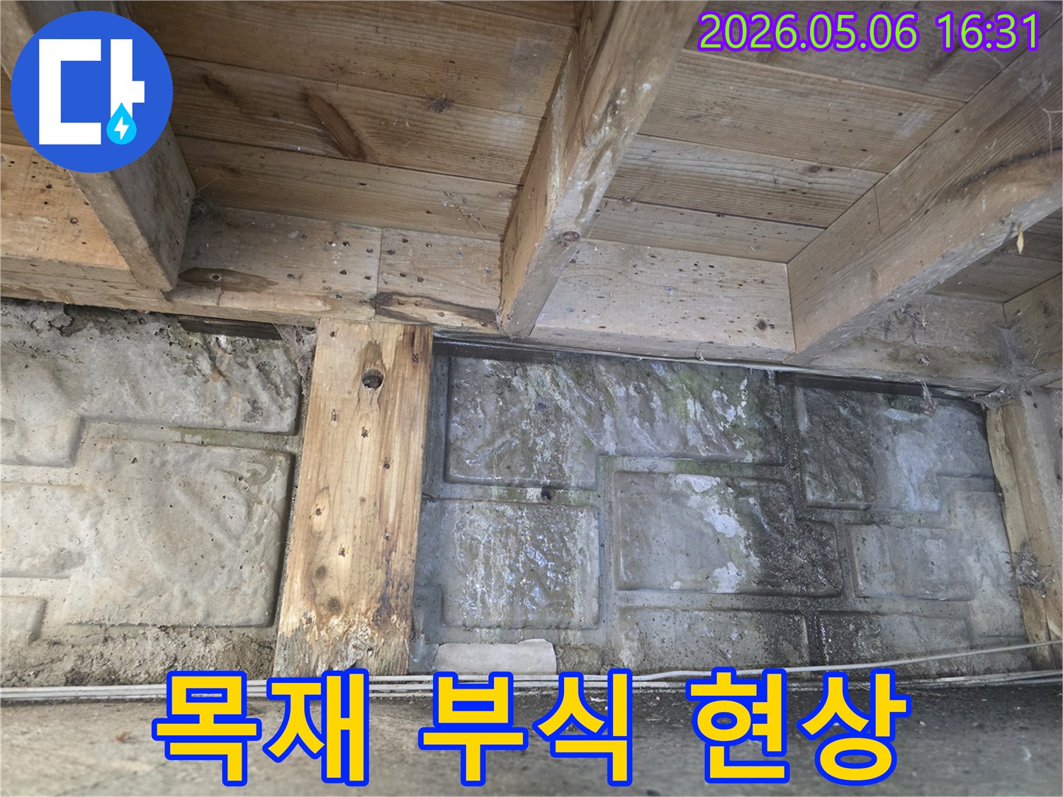 누수로 인해 목재 기둥이 젖고-벽면에 물자국과 곰팡이가 가득한-습한 지하 공간의 모습