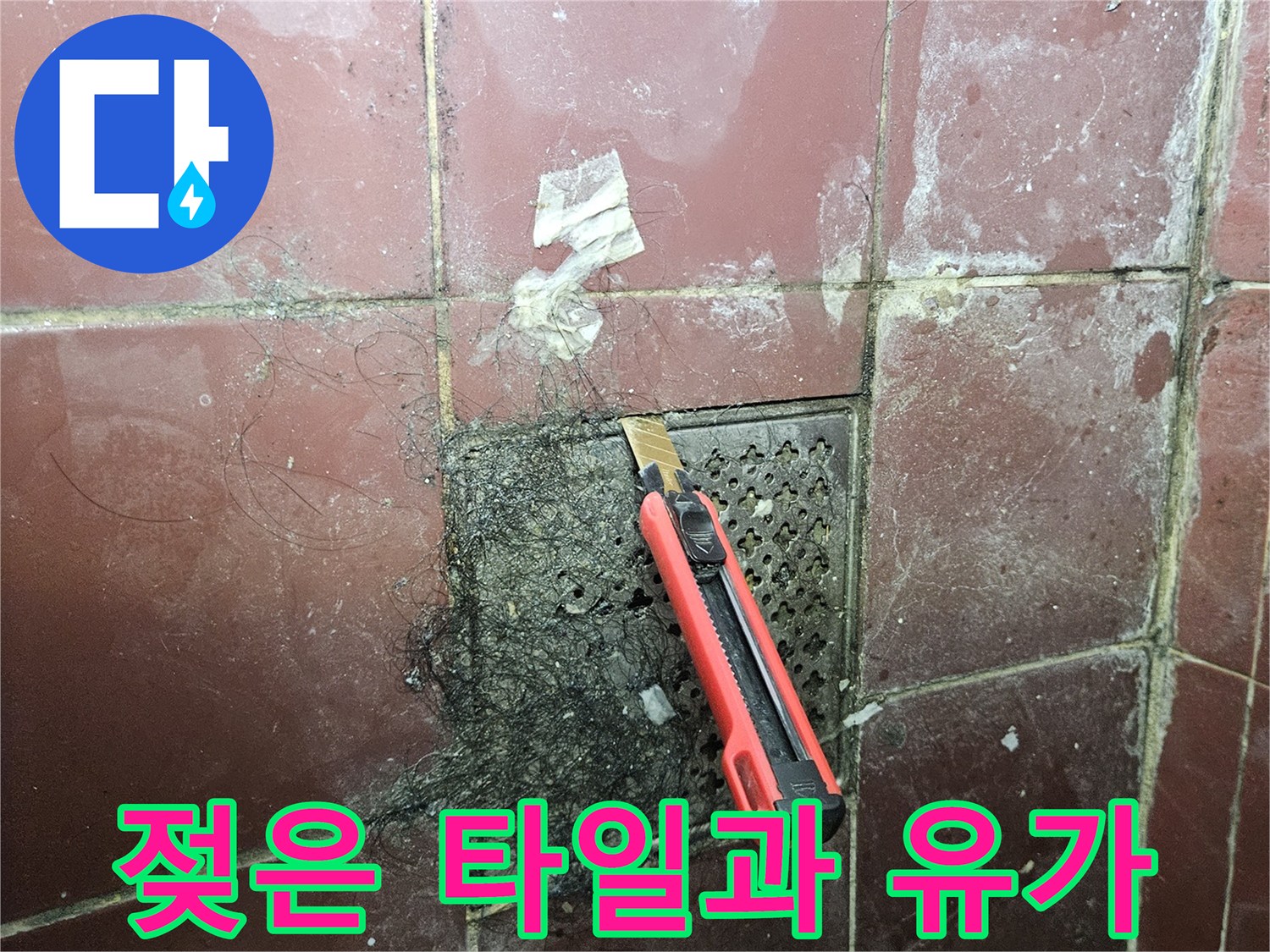 화장실 배수구 주변의 젖은 타일과 오염된 상태를 보여주는 사진입니다.