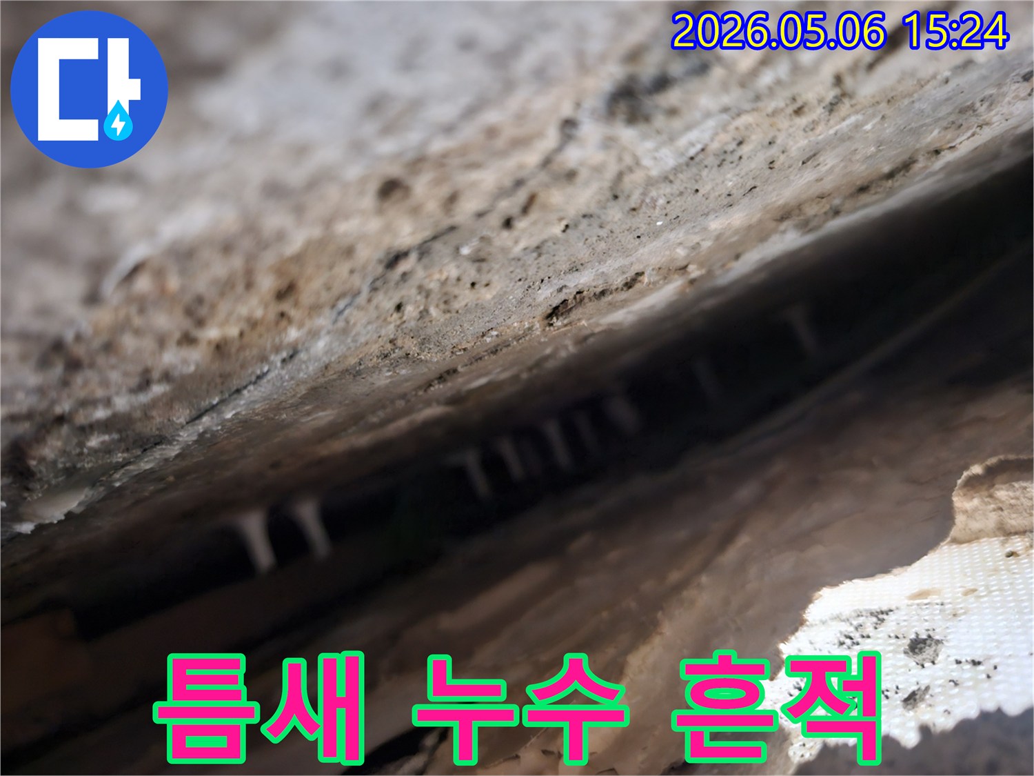 누수-전문가가-발견한-콘크리트-틈새-사이의-미세한-누수-흔적을-확대한-사진입니다